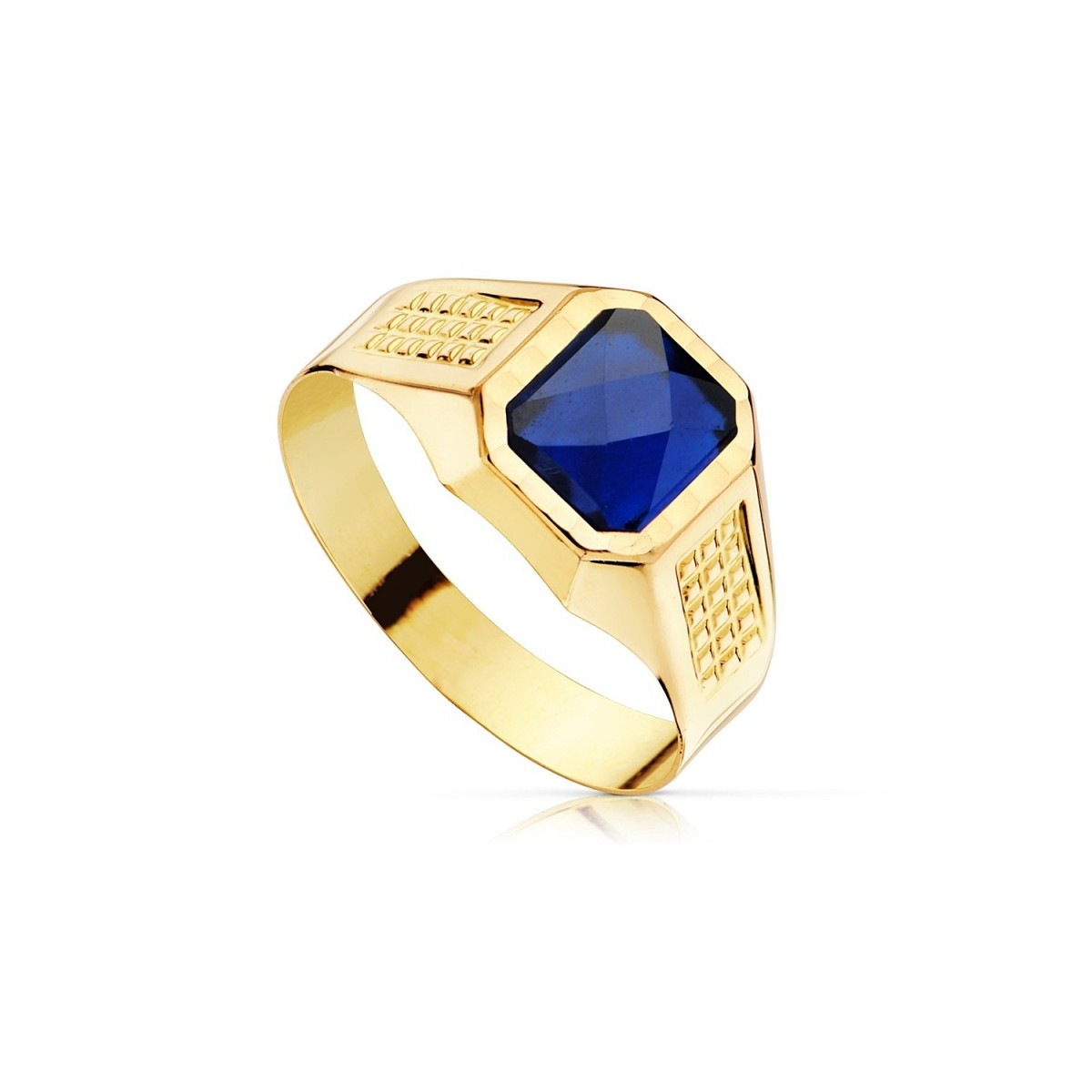 Sello oro 18k infantil hueco piedra espinela azul 7x6mm. tallado niño