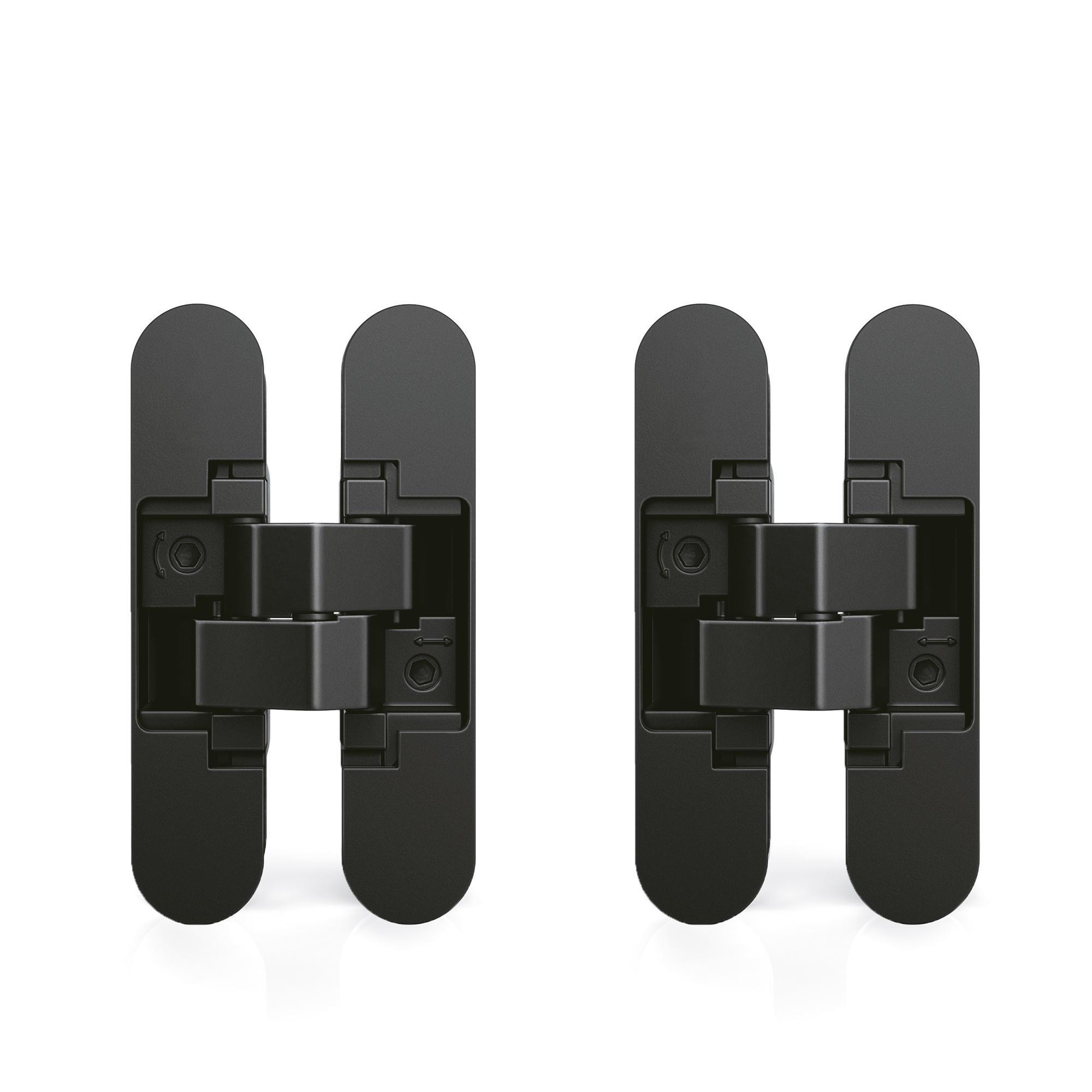 Lote de 2 bisagras ocultas para puertas de paso, carga 40kg, apertura 180 grados, zamak, negro