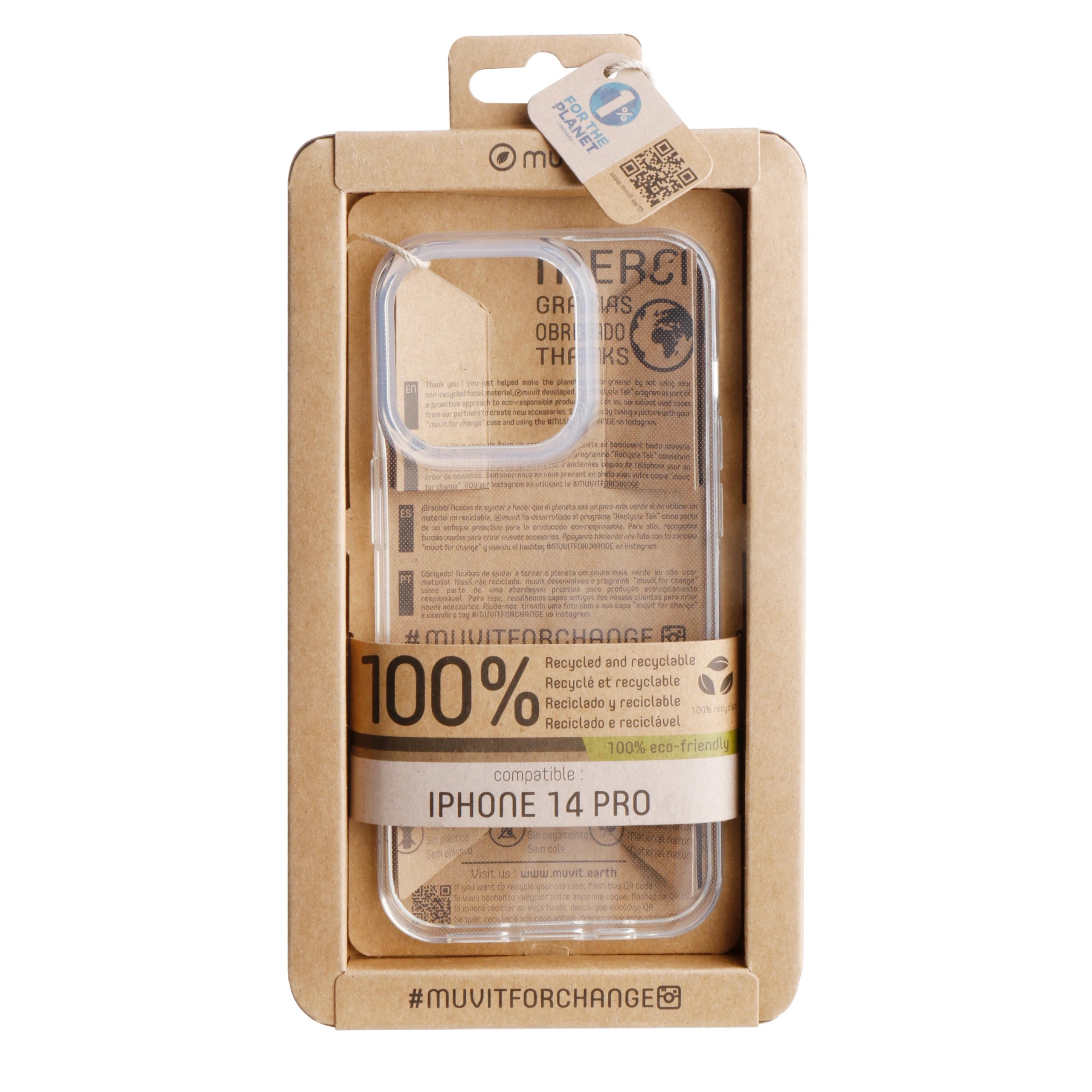Muvit - Funda Recycletek MCCRS0335 para iPhone 14 Pro transparente 100 % reciclada y reciclable, fabricada con materiales recuperados sin comprometer resistencia ni agarre