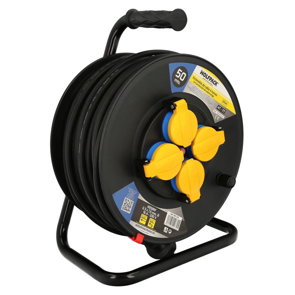 WOLFPACK LINEA PROFESIONAL - Extensible Industrial 50 metros Protección IP44 Con Tapas, Extensible Electrico, Enrollacables, Alaragadera, Cable Extensible