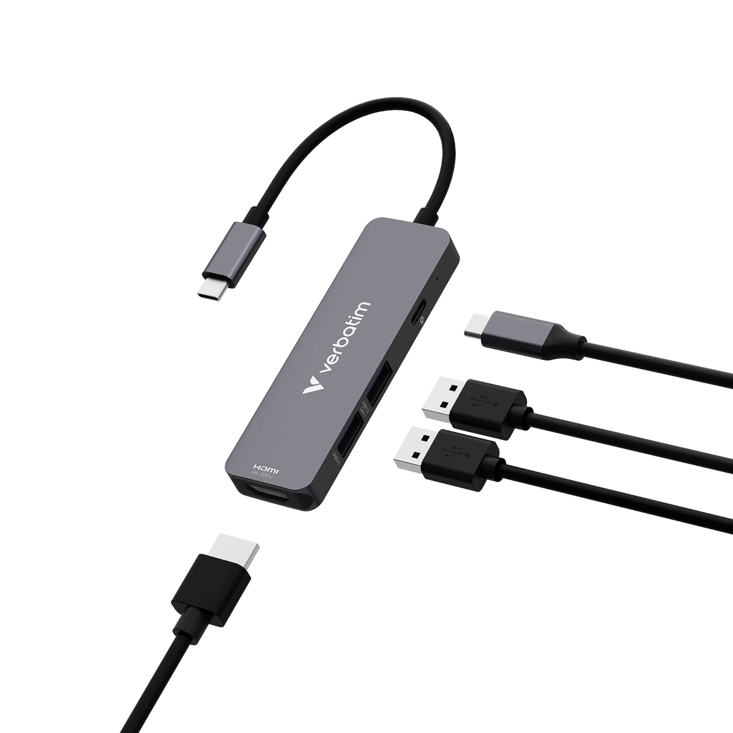 Verbatim Concentrador multipuerto USB-C Essentials, 4 Puertos: (1) USB-A 2.0, (1) USB-A 3.0/3.2 Gen 1, (1) USB-C 3.0/3.2 Gen 1 con HDMI 4K y Entrega de energía de hasta 100 W