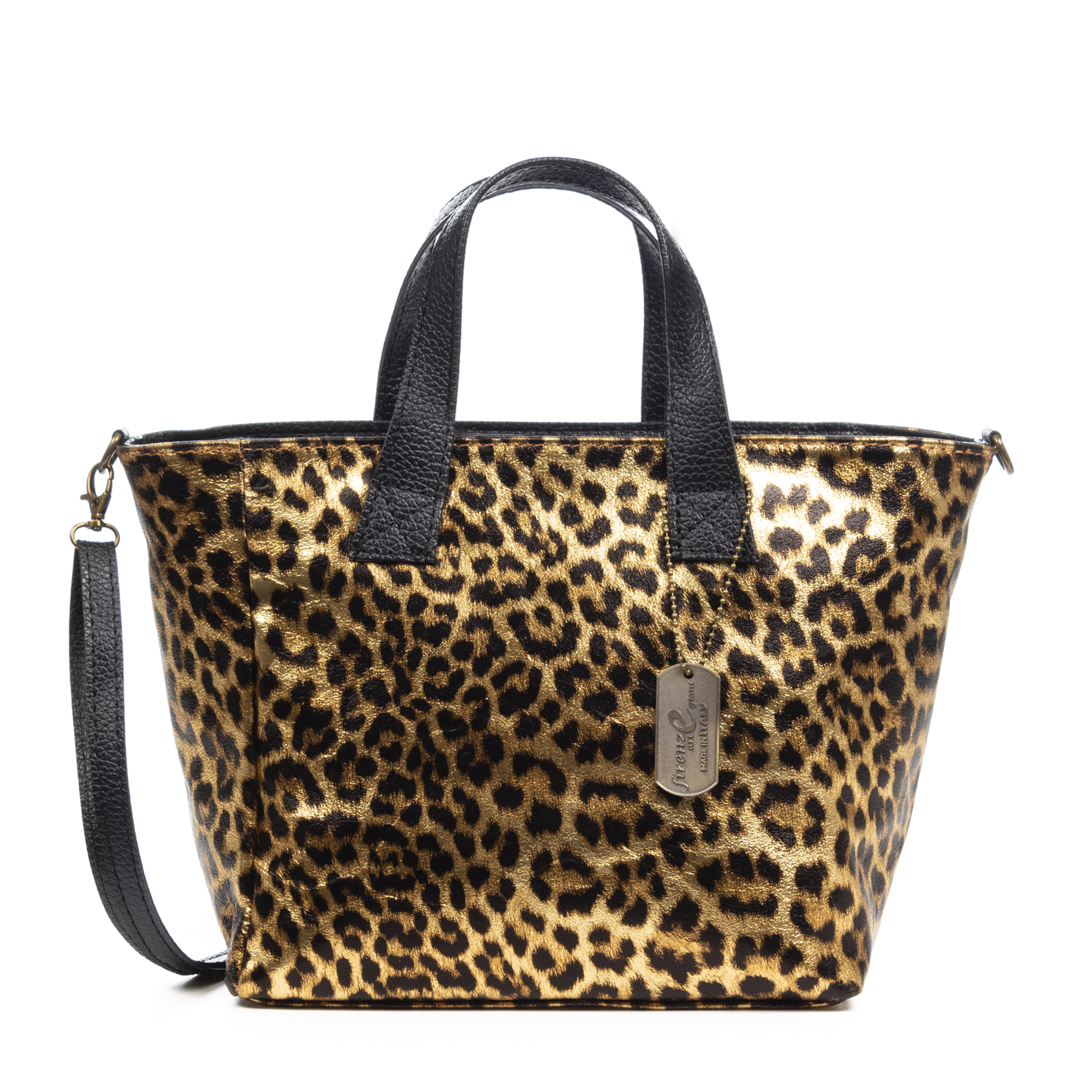 FIRENZE ARTEGIANI Cassandra bolso tote mujer. Piel auténtica Gamuza_ animal print leopardo_ lacado brillante. Fabricado en Italia 32x14x23 Cm.