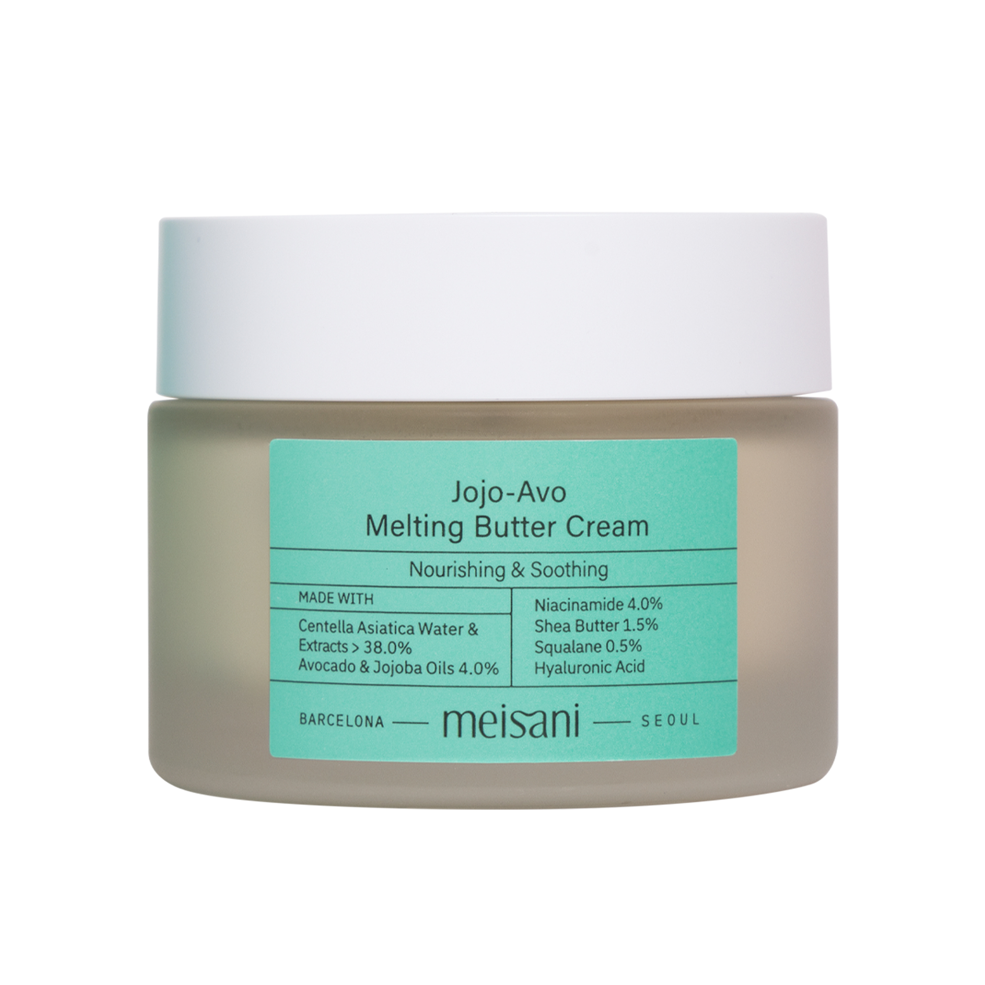 Meisani JOJO-AVO MELTING BUTTER CREAM - Crema hidratante de textura rica y cremosa con aceites de Aguacate y Jojoba, agua de Centella Asiática, Triterpenoides y Niacinamida para una piel profundamente hidratada. - 50ml - Apta para todo tipo de pieles.