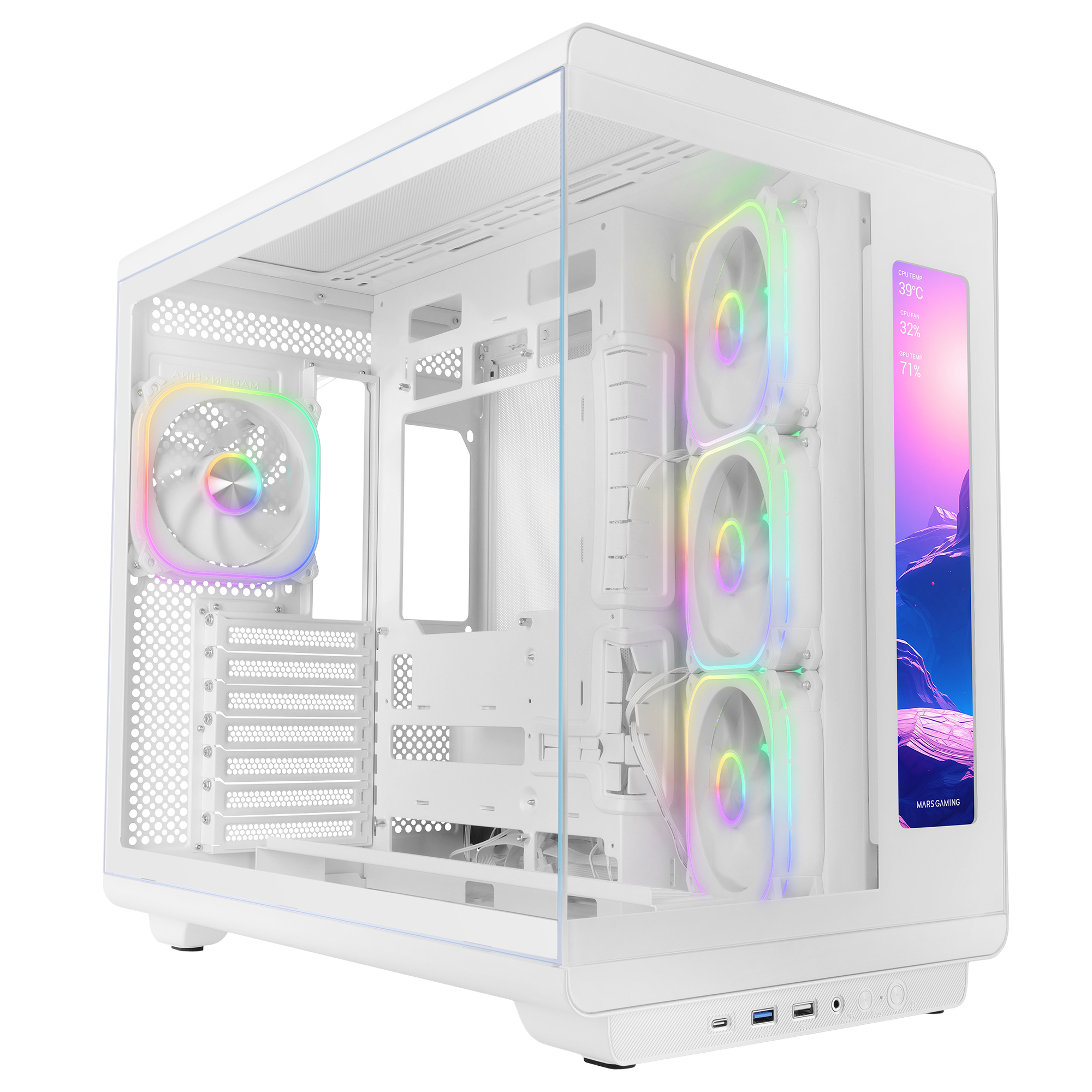 Mars Gaming MC-REVMAX, Caja PC ATX, Pantalla IPS 11.8", Cristal Templado Continuo, 4 Ventiladores PWM ARGB, Refrigeración Líquida hasta 360mm, Compatible Placas Base de Conector Inverso, USB-C, Semitorre PC Negra o Blanca