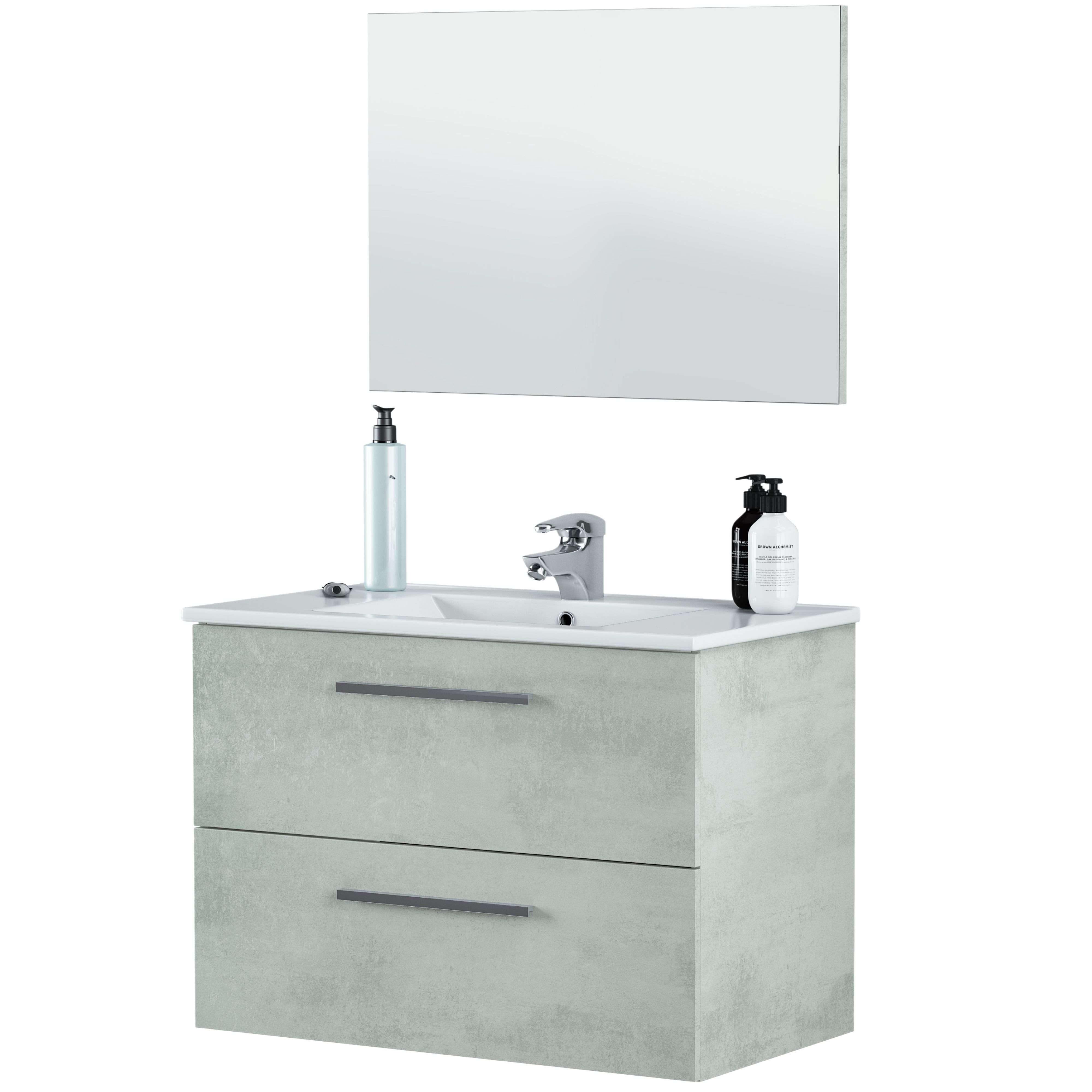 Miroytengo Mueble baño Plutón Estilo Industrial en Color Cemento con 2 Cajones y Espejo 80x45x57 cm (Lavamanos Opcional)