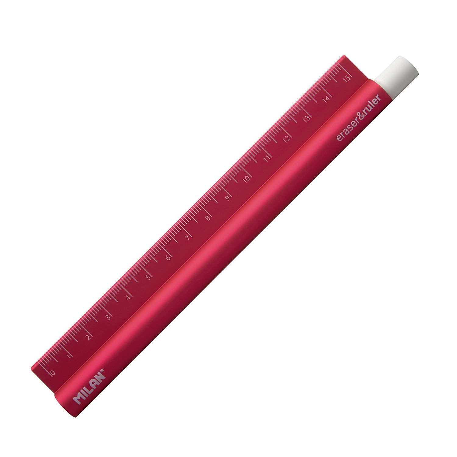 MILAN Eraser&Ruler - Combinación de Goma y Regla de Metal de 15 cm. Fucsia