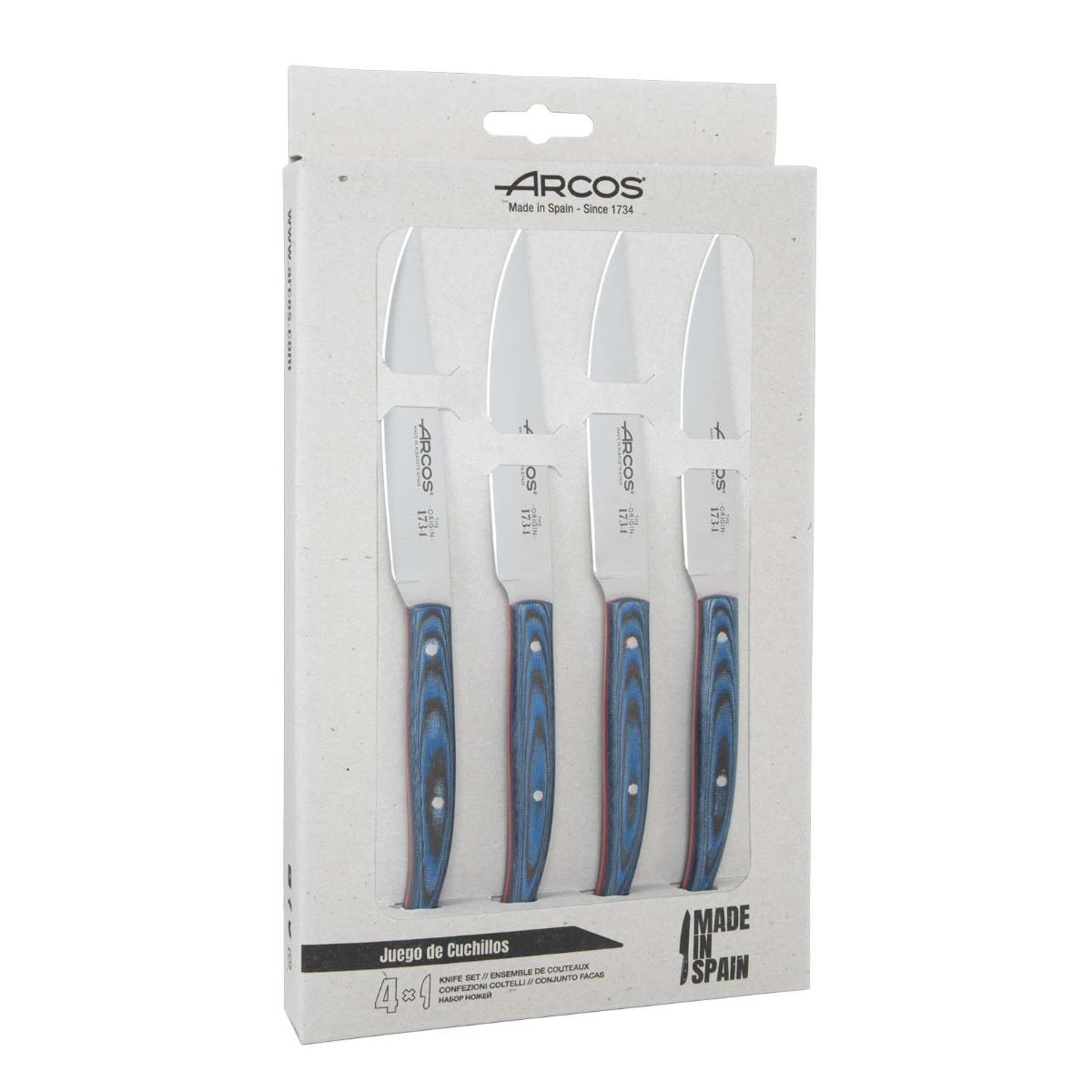 Arcos Cuchillos mesa laerie - Juego Cuchillos mesa 4 piezas (Cuchillos carne) - Hoja Acero Inoxidable Nitrum 4" - Mango madera palisandro - Color azul.