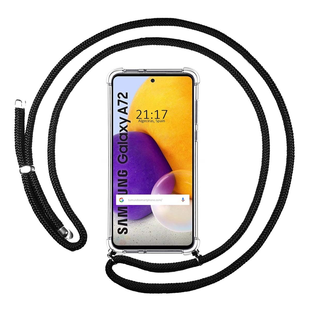 Tumundosmartphone Funda Colgante Transparente para Samsung Galaxy A72 con Cordon Negro