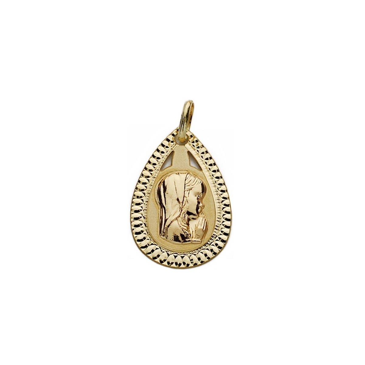 Medalla oro 9k Virgen Niña 20mm. ligera forma gota borde tallado