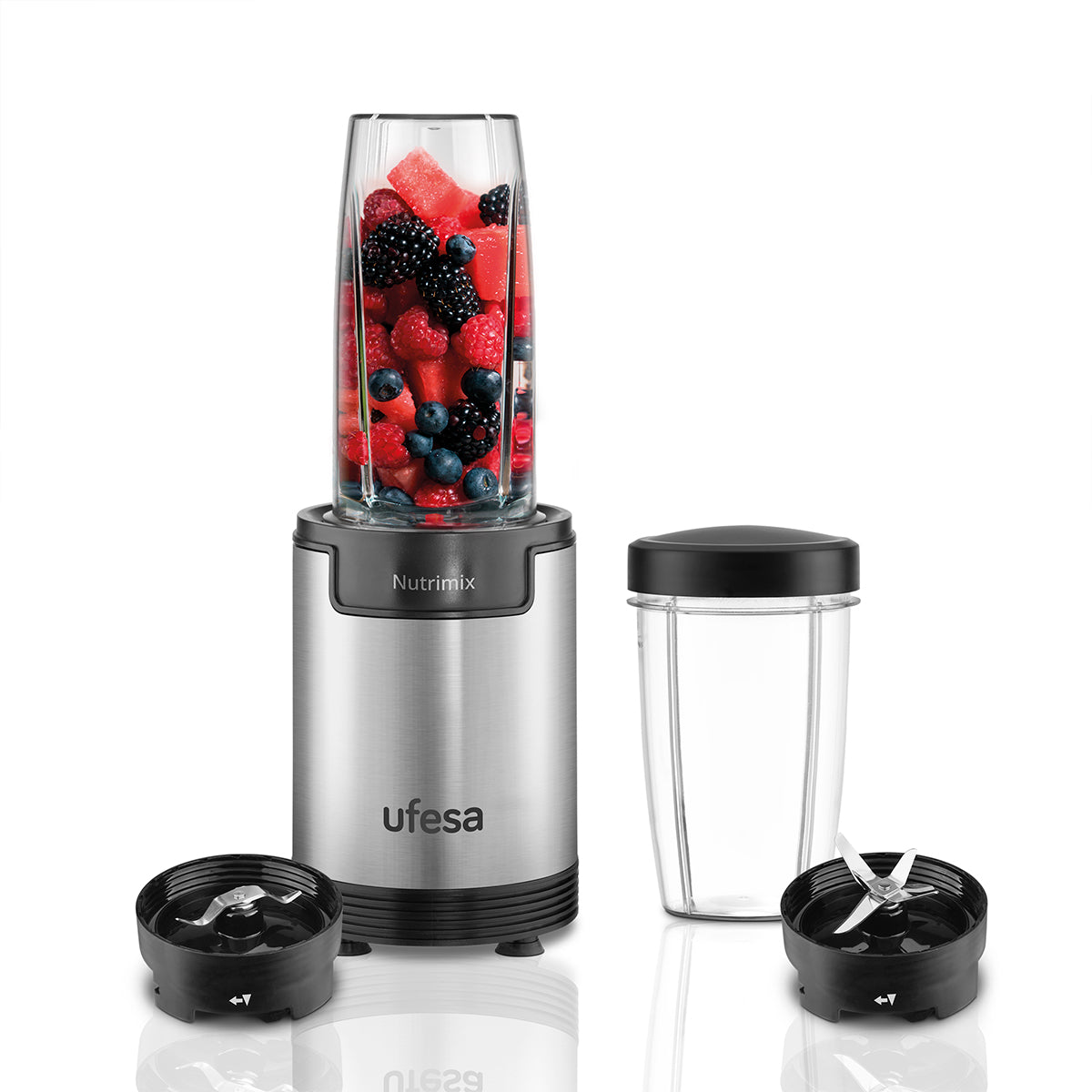 Ufesa - Batidora NutriMix BS2500 900W para batidos saludables con extracción máxima de nutrientes, cuchillas de acero inoxidable y 6 accesorios incluidos (vaso 0,8L + 0,5L, moledor, tapas)