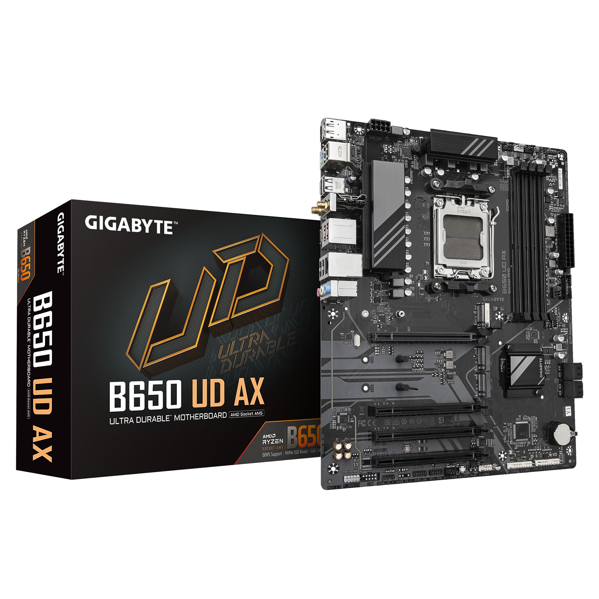 GIGABYTE B650 UD AX Placa Base - Compatible con CPUs AMD Ryzen Serie 9000, VRM de 6+2+2 fases, hasta 7600MHz DDR5 (OC), 1x PCIe 5.0 + 2x PCIe 4.0 M.2, LAN GbE, Wi-Fi 6, USB 3.2 Gen 2