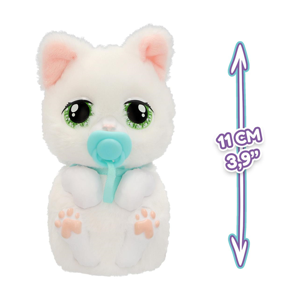 Peluche Baby Paws Gato reción nacido 10,3 cm con accesorios ¡su cuna transportin te dirá que cuidado necesita! (Imc Toys 923485)