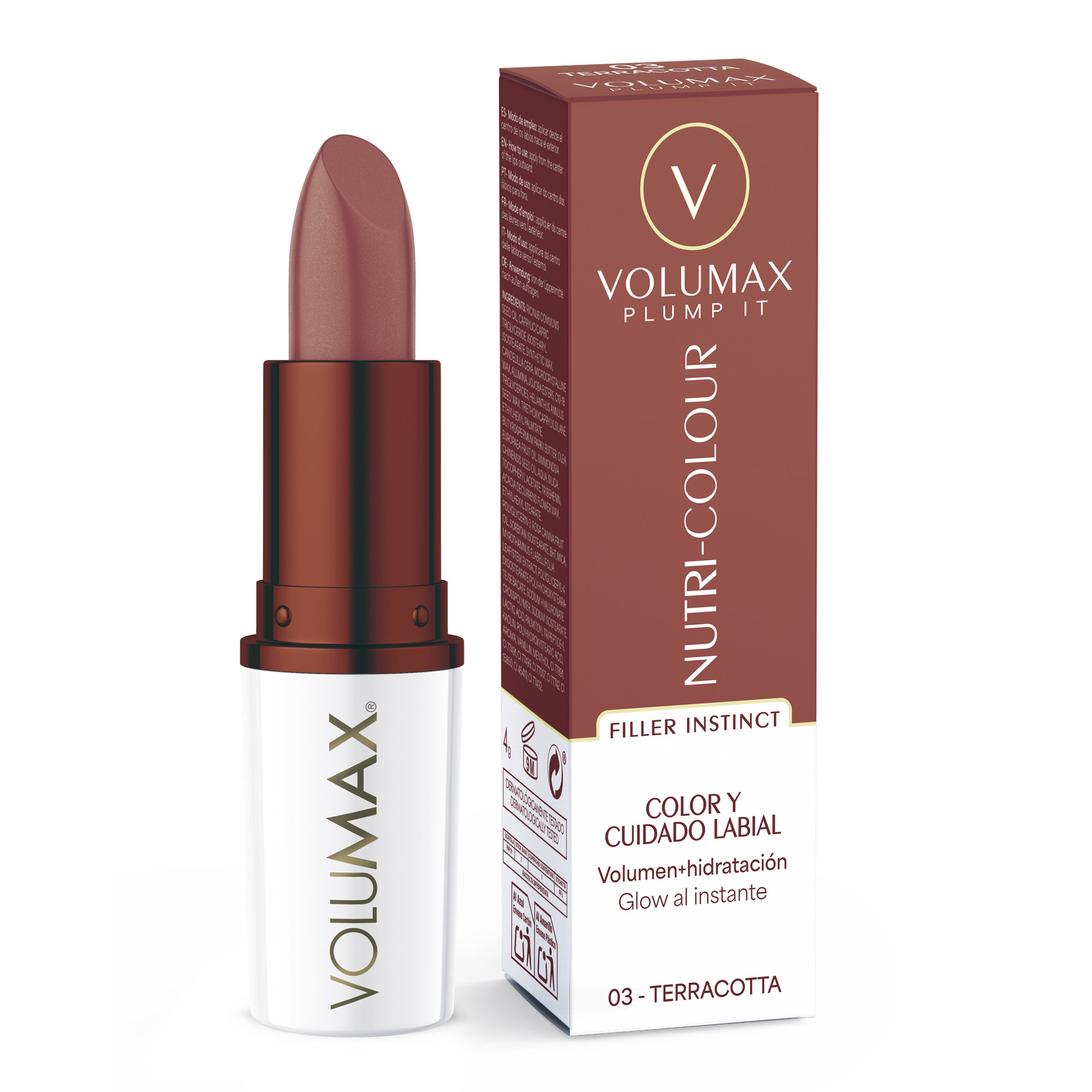 Volumax Plump It Nutri-Colour | Tratamiento Labial Antiedad | Color Duradero, Volumen y Cuidado Clínico | Labios Rellenos y Definidos | Hidratación 24H | TERRACOTTA 03 | 4gr