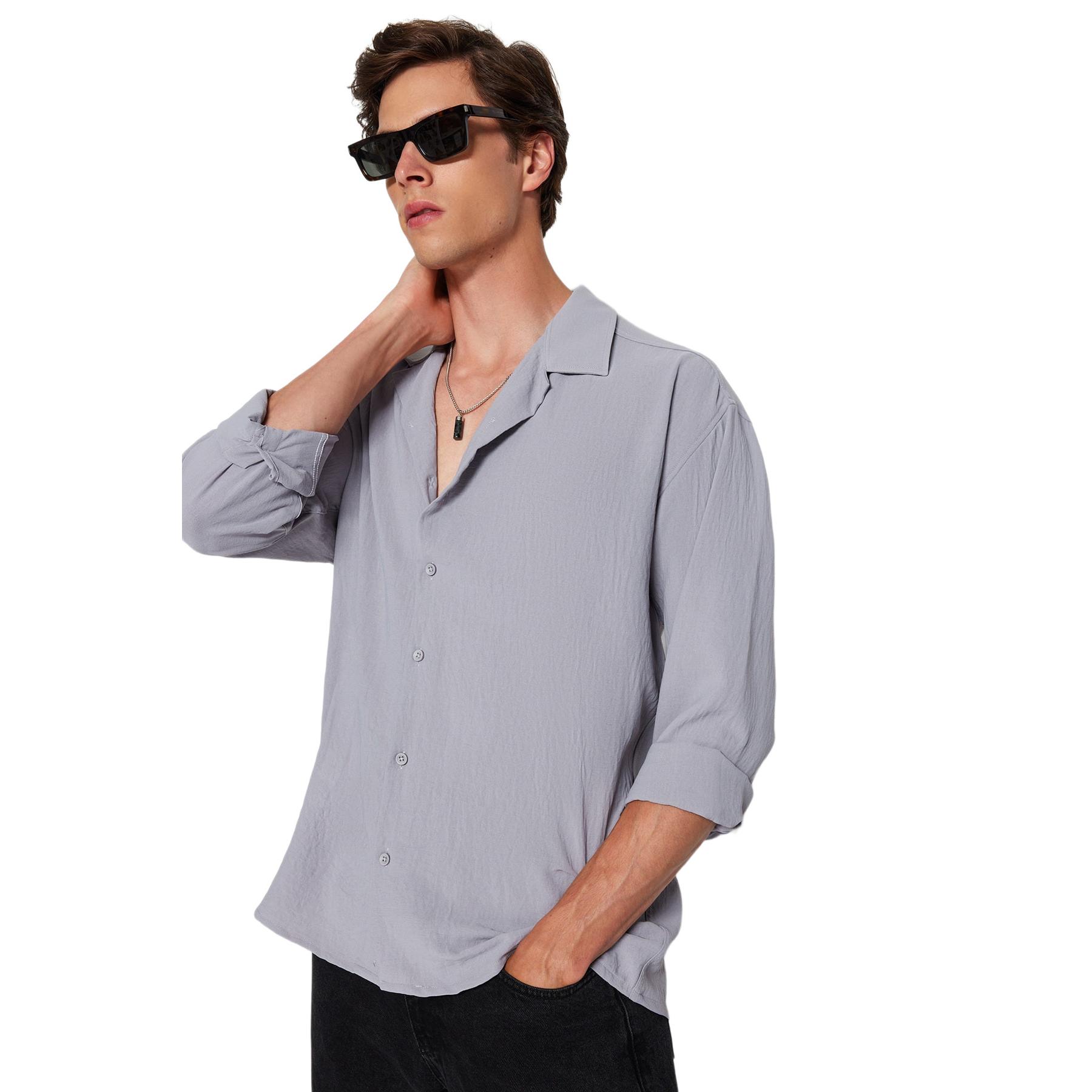 Trendyol Camisa De L/42/14 - Ajuste Extragrande - 100% Poliéster Gris Hombre Mediano