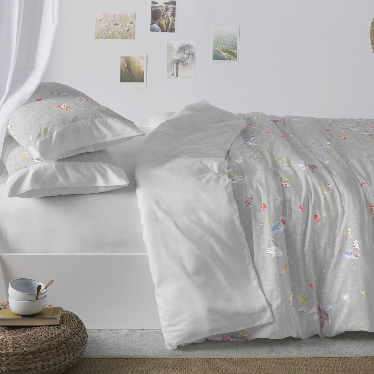 Juego de Funda Nórdica Floral Primavera - Diseño Acuarela en Gris y Multicolor - 6 Medidas Disponibles - Ropa de Cama Elegante
