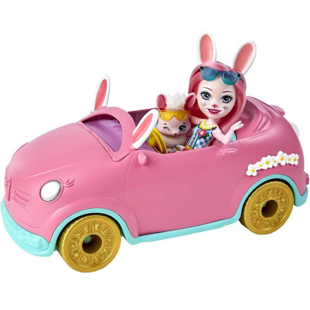 Enchantimals coche descapotable rosa conejitomóvil con muñeca Bree Bunny y su mascota conejo Twist Mattel (HCF85)