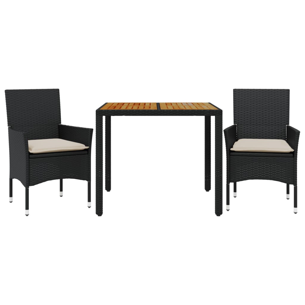 vidaXL Set de comedor jardín 3 pzas con cojines ratán PE acacia negro