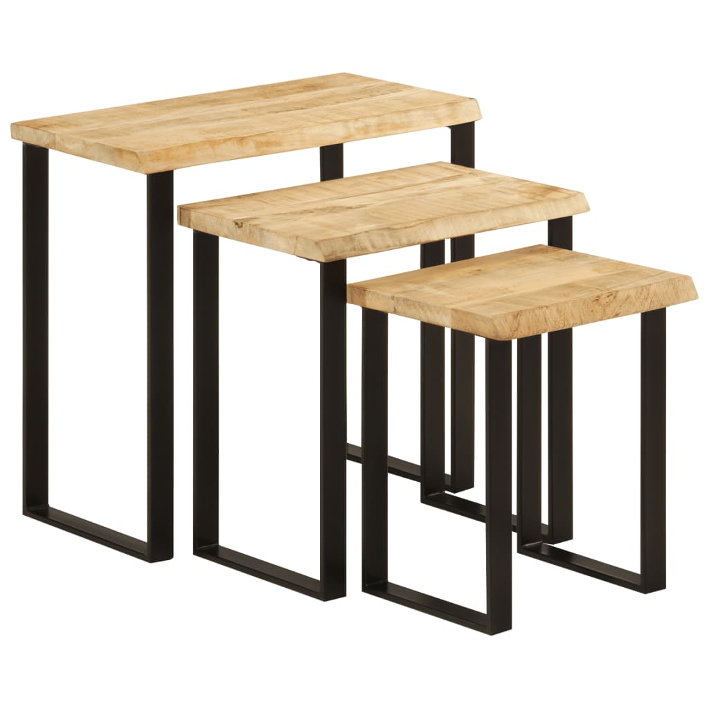 vidaXL Set de 3 mesas apilables con borde natural madera maciza mango