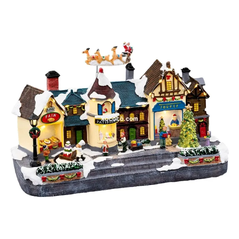New Planet Home® Pueblo de navidad "Estocolmo" | Escena navideña edificios con reno y Papa-Noel Flotando | 40.5x16.5x27 cm