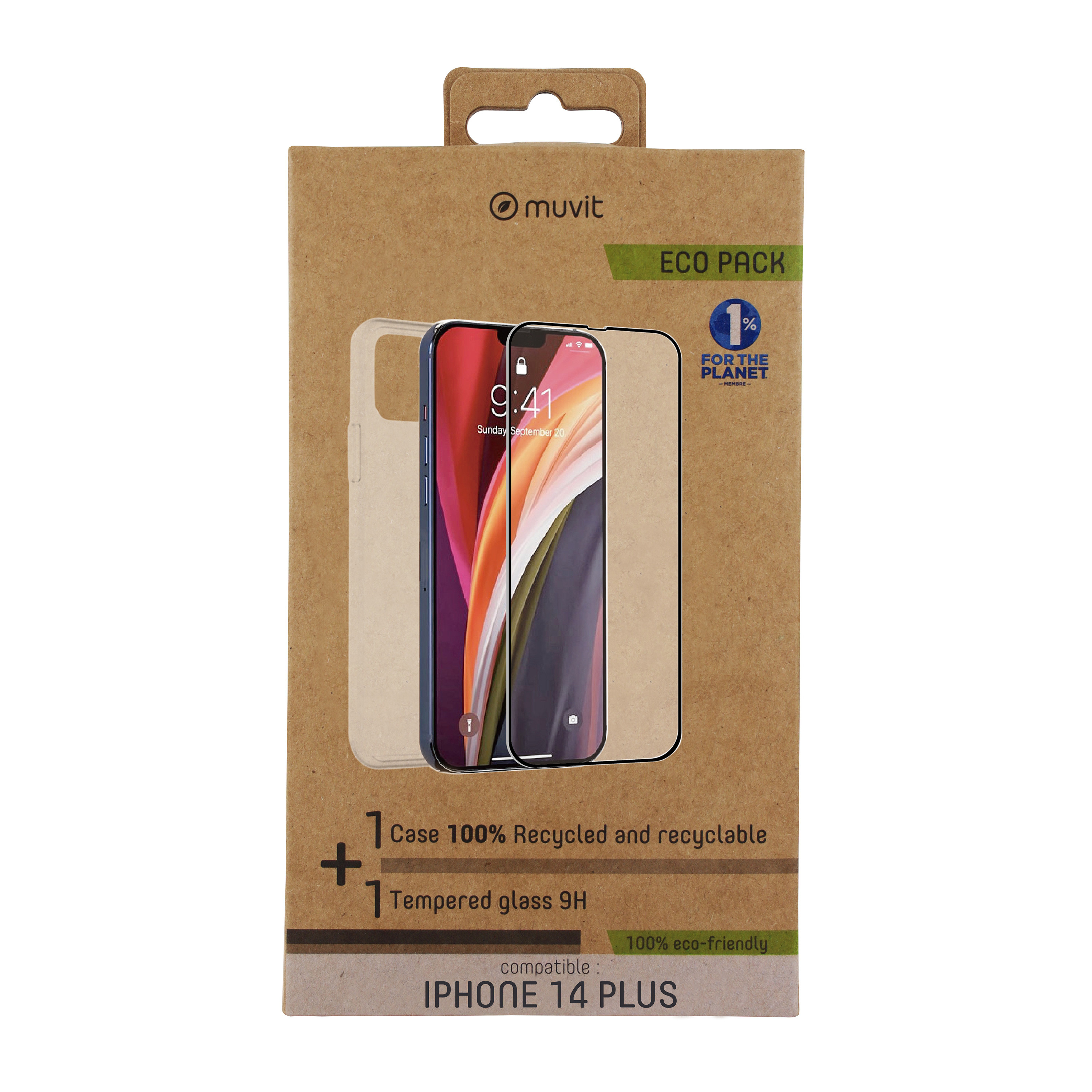 Muvit - Funda MCPAK0066 para iPhone 14 Plus y smartphones compatibles, reciclada al 100 % con protector de pantalla de vidrio templado 9H y embalaje ecológico