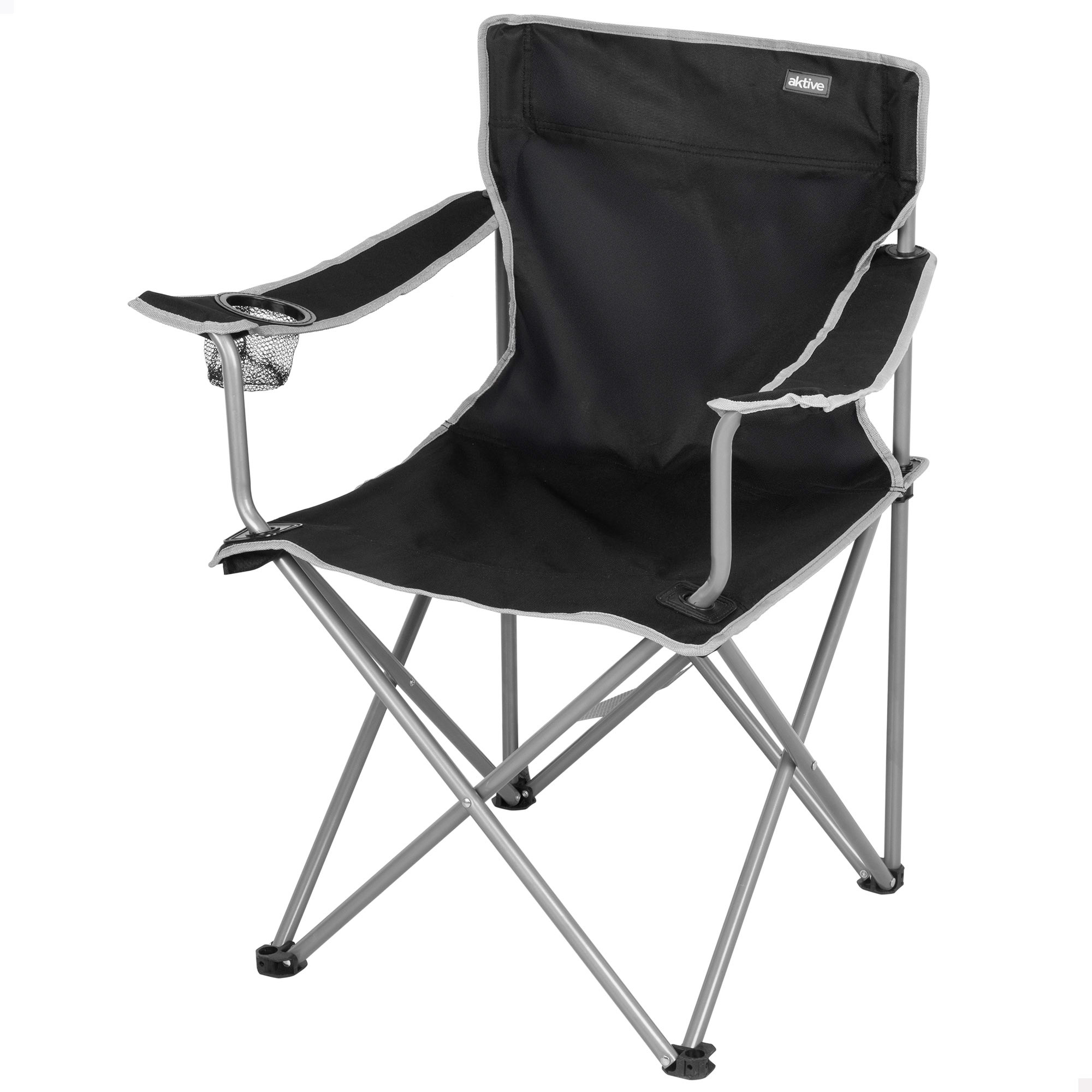 Aktive - Silla plegable camping con portavasos, estructura de acero, ligera y portátil, sistema antivuelco, soporta hasta 100 kg, asiento de poliester, ideal para exteriores