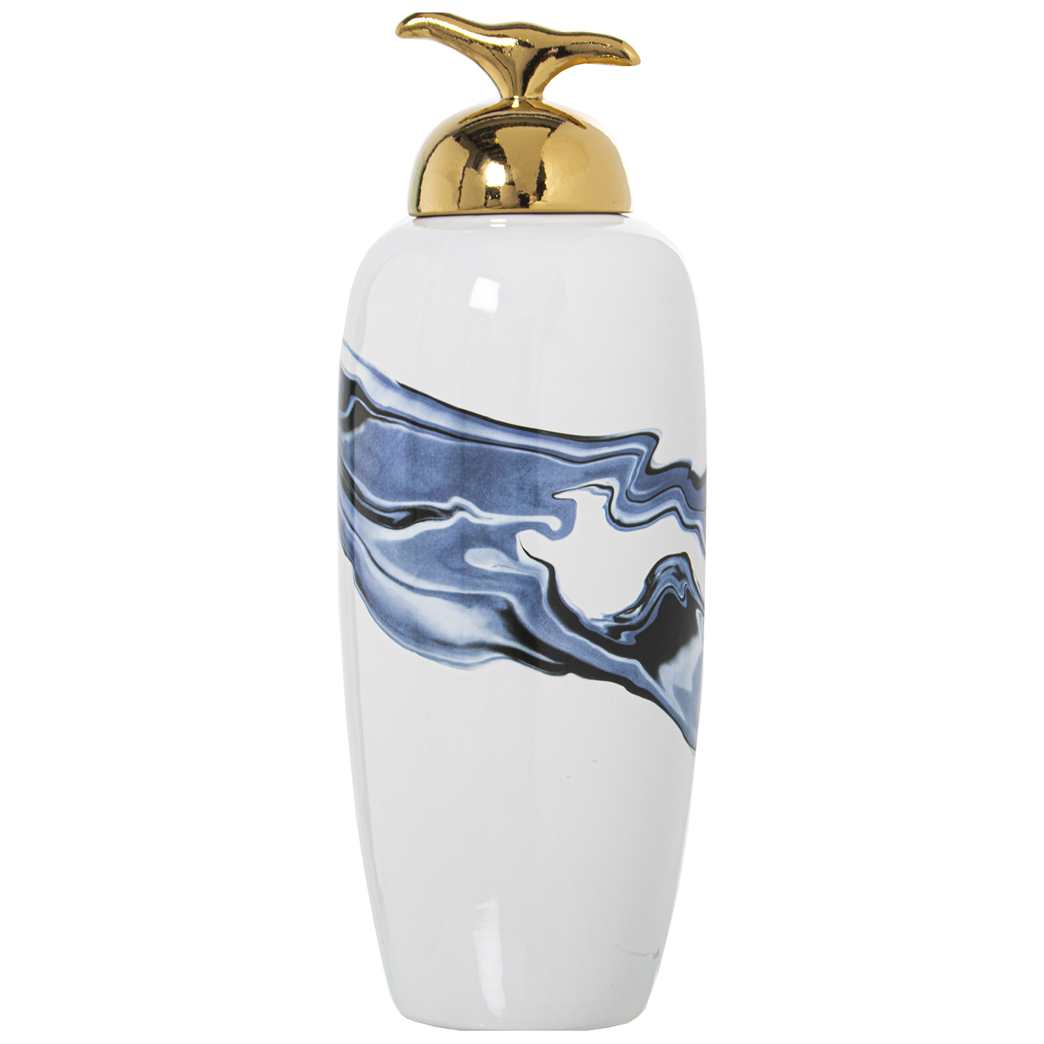Tibor ceramica blanco, azul con tapa oro 17x46cm