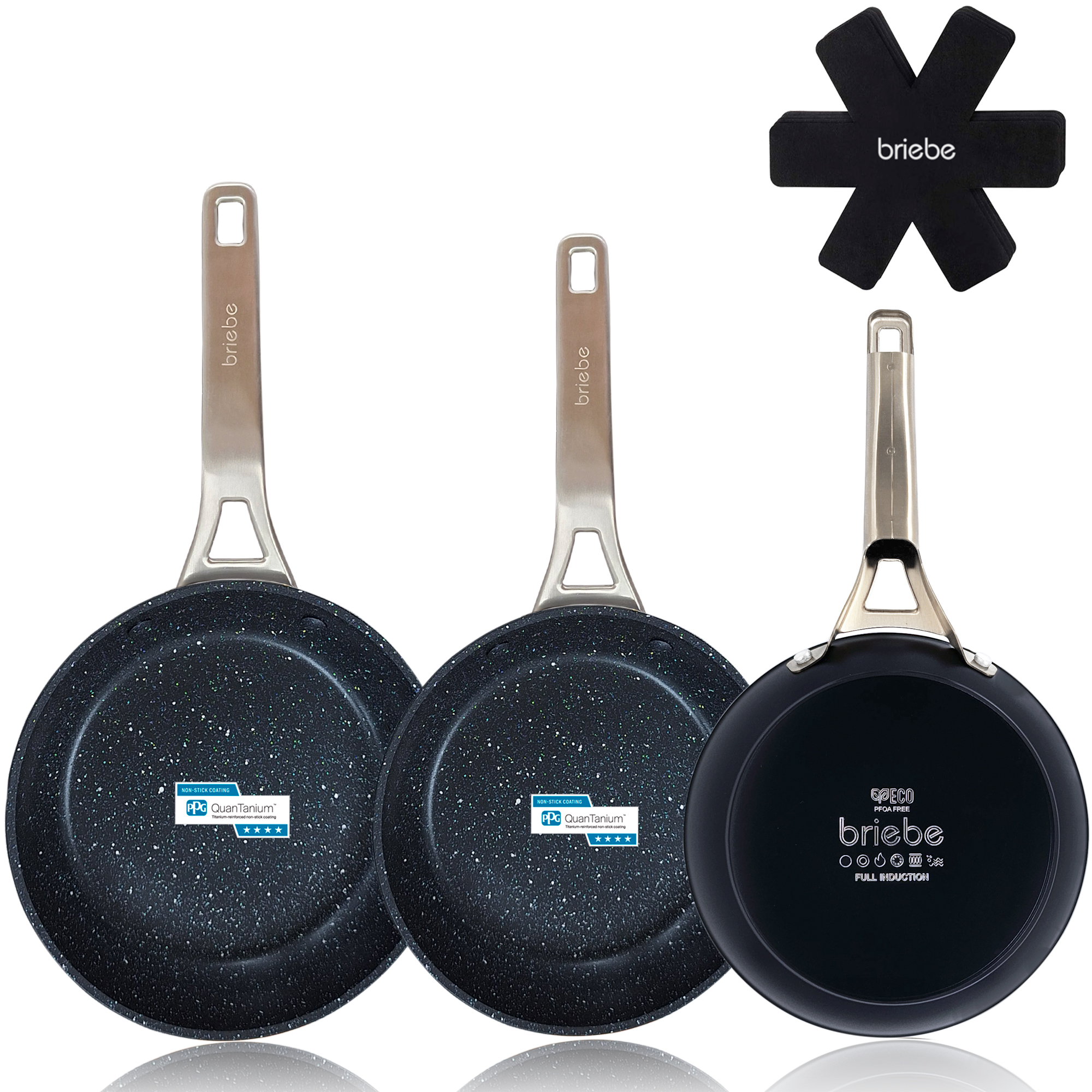 Briebe Black Titanium Set 3 Sartenes Antiadherentes Inducción Titanio 18-20-24cm, Aluminio Forjado Antiadherente, , Negro
