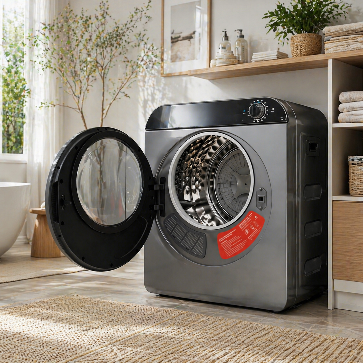 Sèche-linge compact gris argent avec tambour inox, chauffage PTC, 4 programmes et double sécurité
