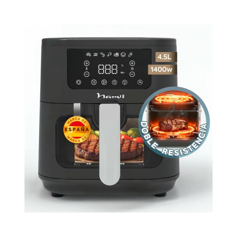 NARVI Freidora de Aire , sin Aceite, Capacidad 5,5L , Potencia 1500W, Doble Grill (Grill Superior e Inferior), Doble Resistencia, Ventana Visible con Luz interior y Pantalla Táctil. Ref NF15
