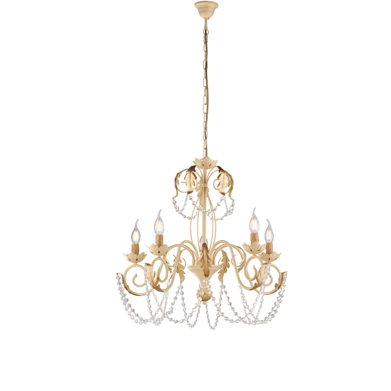 Damasco - Lámpara de hierro lacado marfil con decoración. Efecto decapé y acabados en oro antiguo con pedrería de cristal 5 luces 125 - Ø63 - Belight