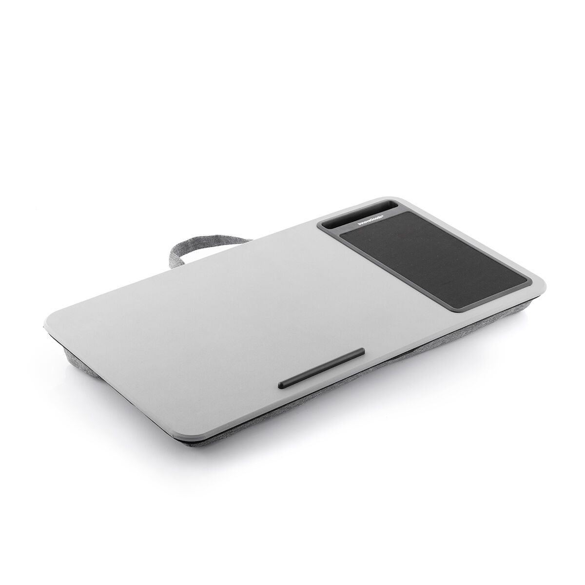 InnovaGoods Portable Desk with XL Cushion for Laptop, ergonomic multifunctional table made of durable MDF and polyester, features a stable rigid top, non-slip base, and perfect as a laptop tray for versatile home use, ideal for bed, sofa, or chair.