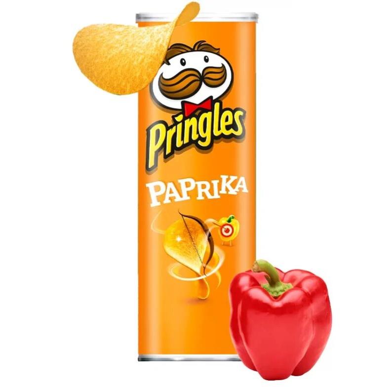 Patatas PRINGLES sabor PAPRIKA - Aperitivo de patata con sabor a paprika ligeramente picante. En latas con tapa de plástico para mantener su frescura incluso después de abiertas. Caja de 6 latas con 165 gramos cada una.