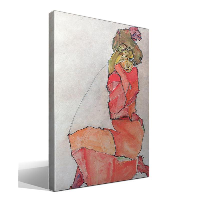 Cuadro Canvas Rodillas Mujer Egon Leo Adolf Schiele Naranja-Rojo Vestido - Alta Resolución - Algodón 100% - Bastidor Madera - Fabricado en España
