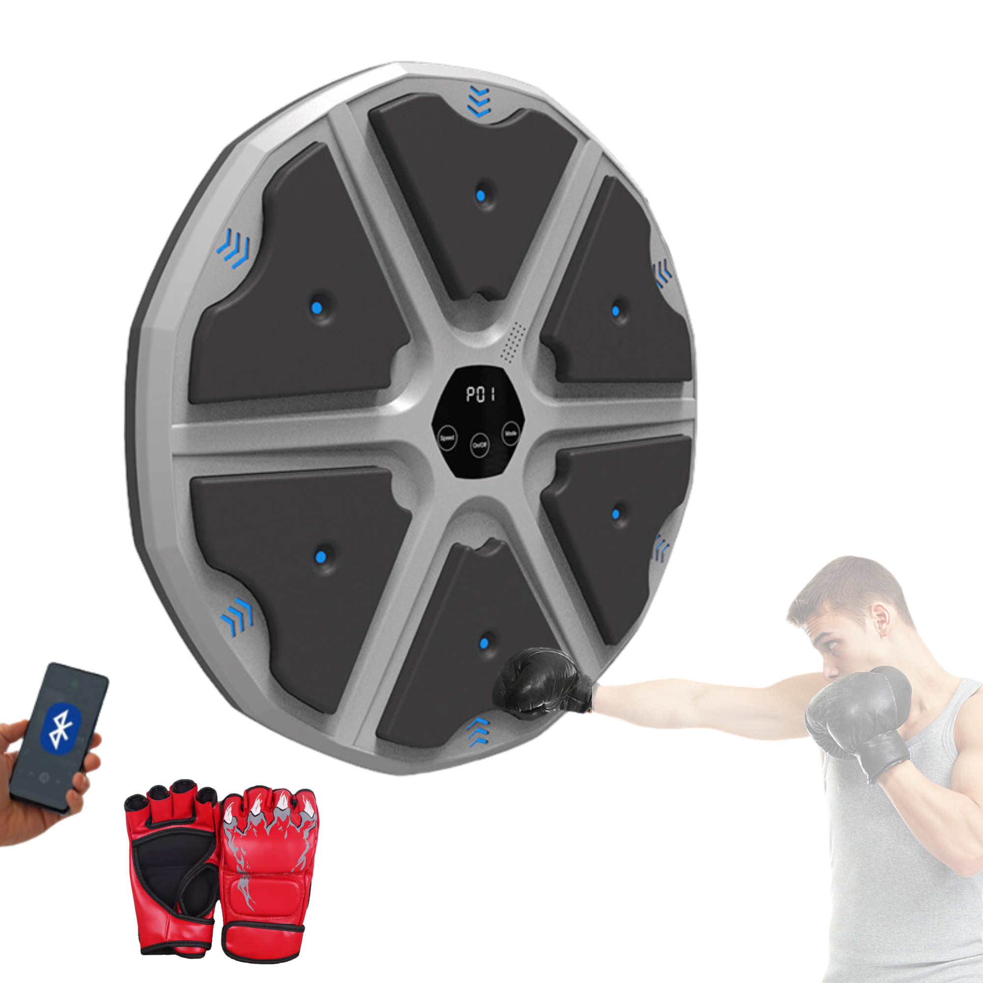 MAGIC SELECT Máquina de Boxeo Musical, Equipo De Entrenamiento De Boxeo para Pared de Poliuretano, Almohadilla De Boxeo con LED con Guantes de Boxeo, Bluetooth, Luces al Ritmo de la Música. (2 modos, 43x43x4 cm)