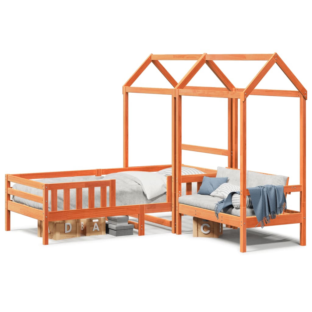 vidaXL Set de cama y banco con techo madera de pino marrón 80x200 cm