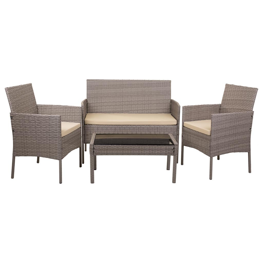WANDERLUST DECO Kit de Muebles de Exterior | Rattan Sintético | Mesa 86x41x39 Cm | Sofá y Sillones 109x54x86 Cm
