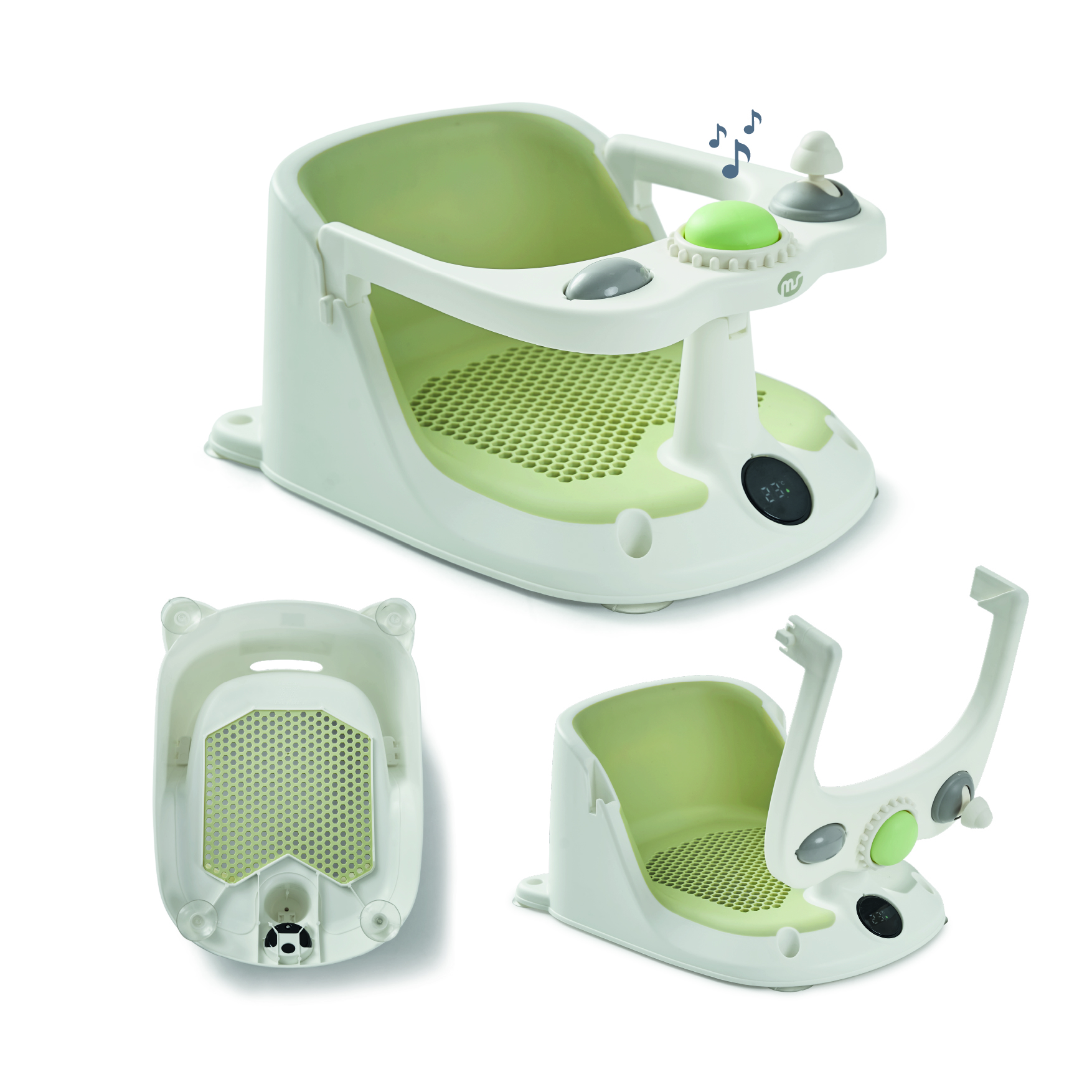 MS BabyWorld Asiento infantil de Ducha para Bebe Antideslizante para niños con TEMPERATURA de 6 a 24 meses, Silla para Bañera o Ducha con Barra para una fácil colocación del bebe