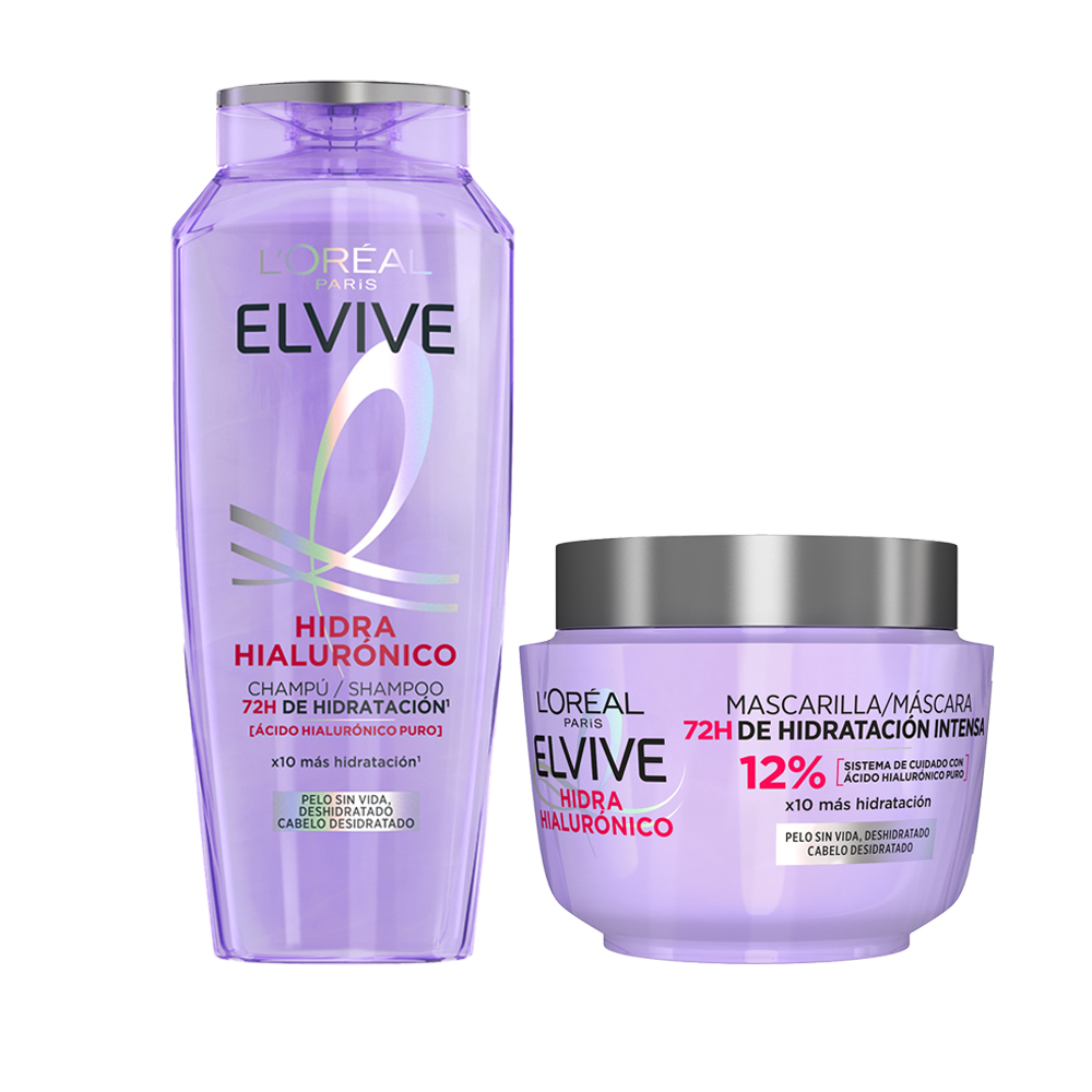 LOréal Paris | Rutina Elvive Hidra Hialurónico Champú 400ml + Mascarilla hasta 72h de Hidratación