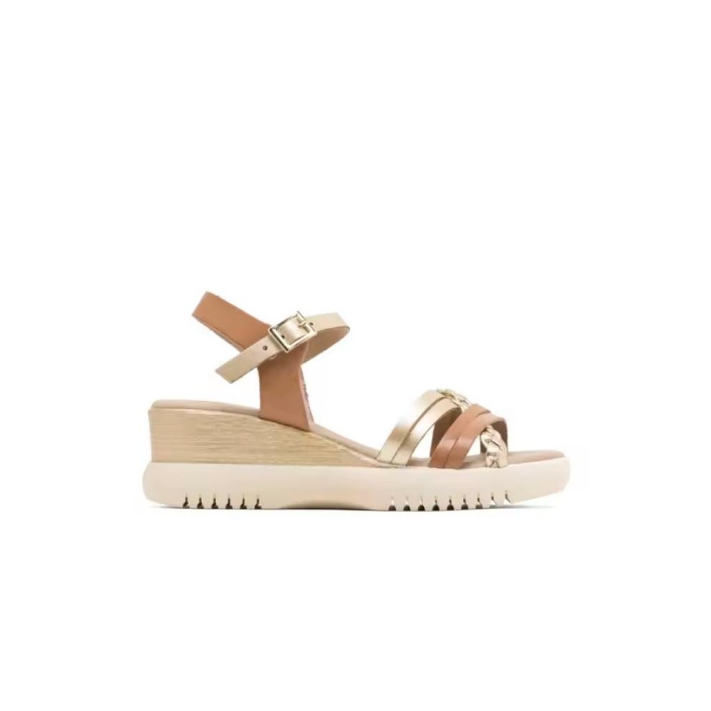 Porronet - Cuñas mujer modelo 3269 taupe de cuero natural con cuña de 6 cm y hebilla ajustable para primavera y verano