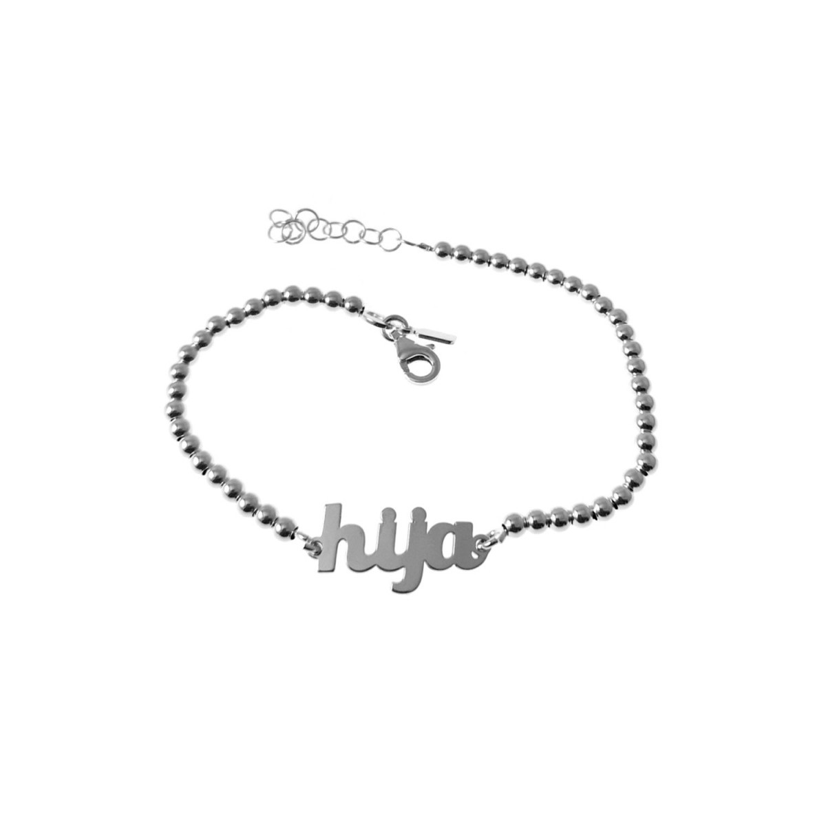 Pulsera plata Ley 925m cadena bolas 17mm. centro palabra HIJA lisa cierre mosquetón