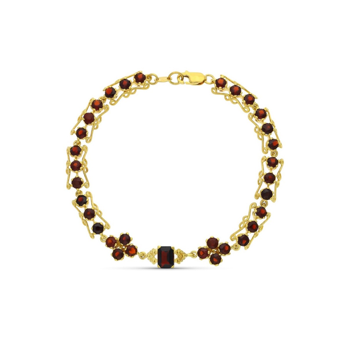 Pulsera oro 18k mujer eslabones formas detalle granates centro mosquetón