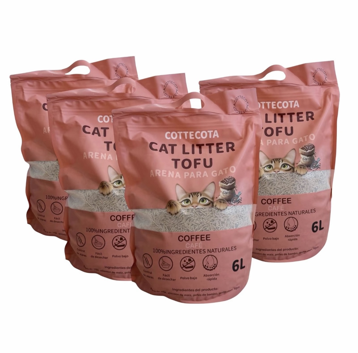 Pack 4 Arenas de Tofu( 6L) para Gatos_ Ecológica y Vegetal_ Alta Absorción y Control de Olores_ Tres olores vainilla lavanda y café