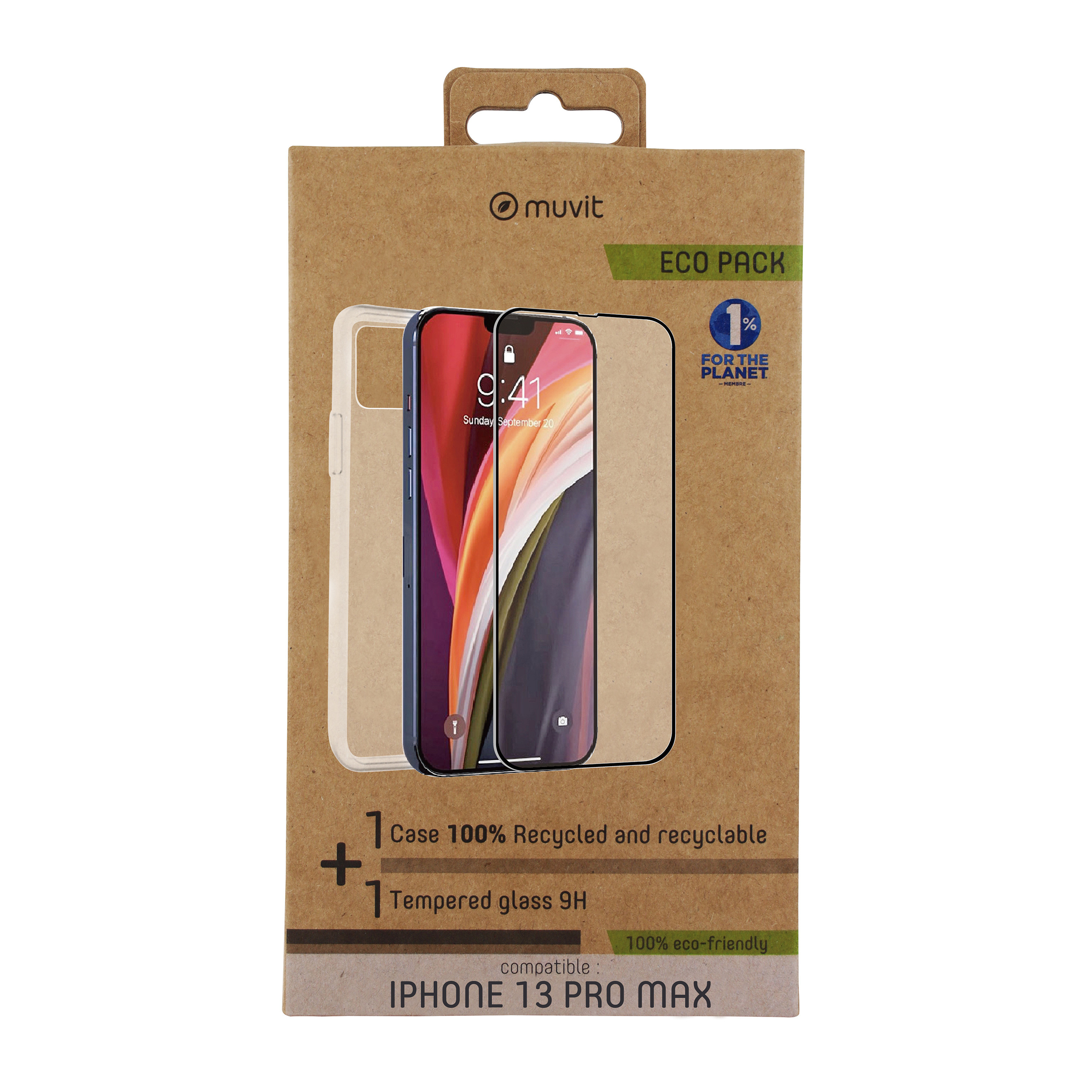 Muvit - Funda MCPAK0060 para iPhone 13 Pro Max con protector de pantalla de vidrio templado 9H, 100% reciclada y reciclable, diseño ergonómico y tacto suave