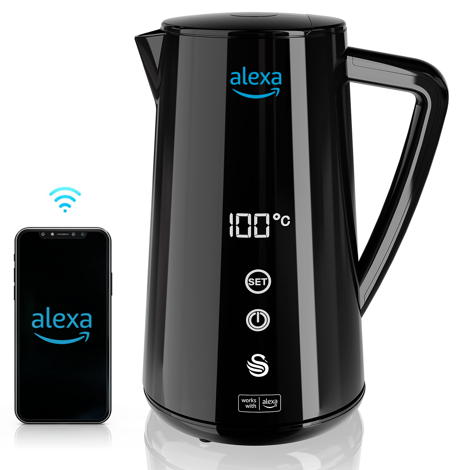 SWAN SK14650BLKNEU Alexa Hervidor Agua Eléctrico Inteligente WIFI Smart Kettle 1,5L Inalámbrico Control Táctil LED, 1800W, Negro