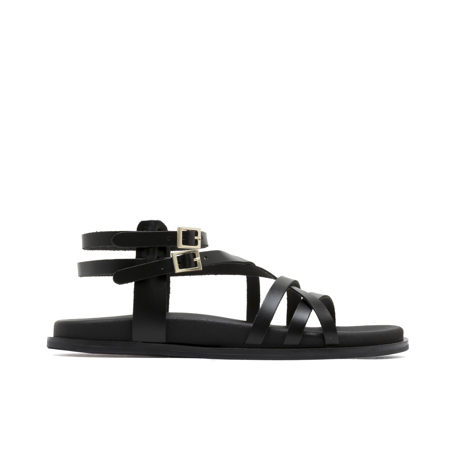 Sandalia Plana Bio de Piel Negra Hera - Confort Ergonómico y Estilo Artesanal Español, Hebilla Ajustable para un Perfecto Ajuste al Tobillo, Empeine de Tiras de Piel de Alta Calidad, Suela TPU Durader