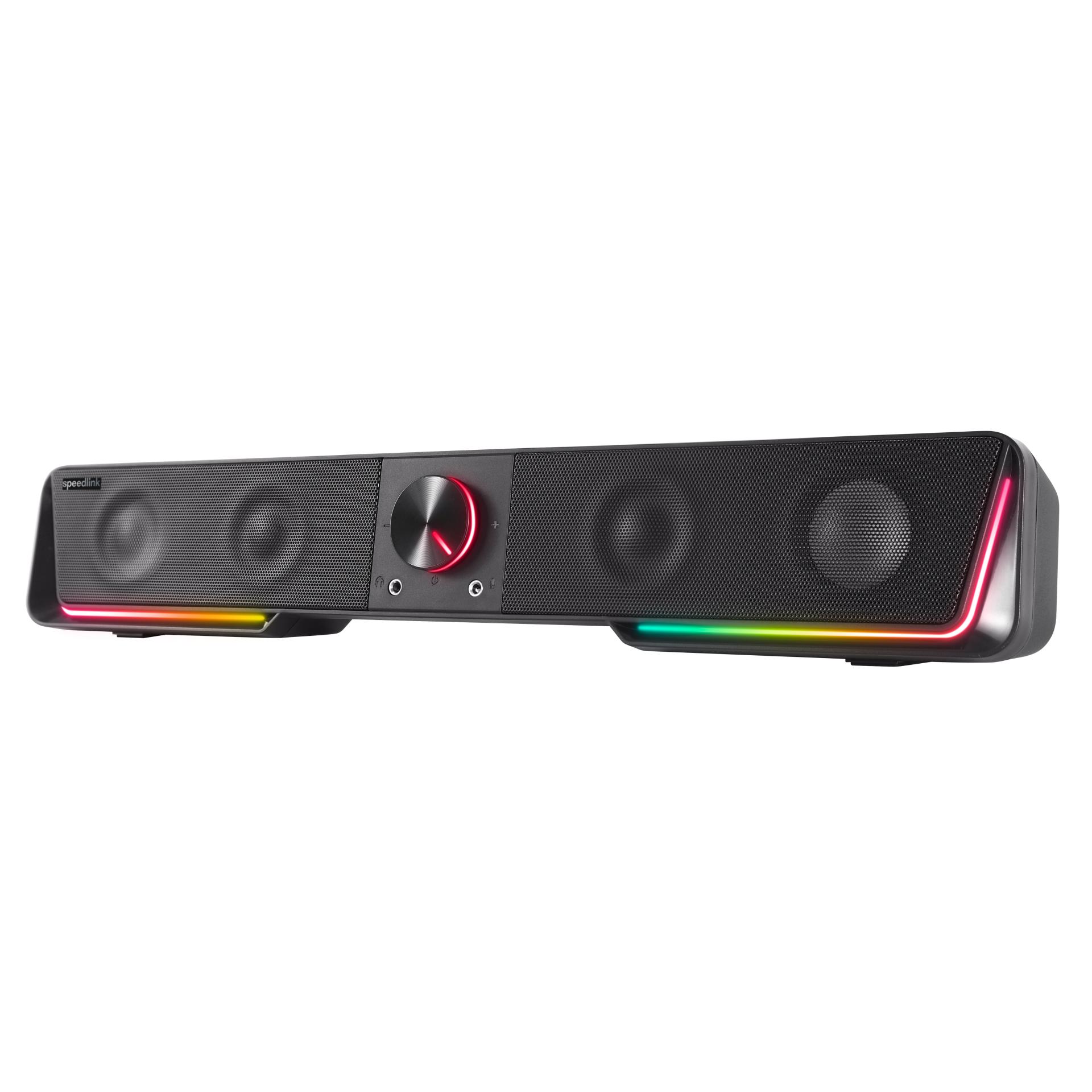 Speed-Link Gravity RGB Barra de Sonido estéreo - Altavoz con conexión Bluetooth para Smartphone/Tablet, iluminación RGB, Conector para Auriculares y micrófono, Negro