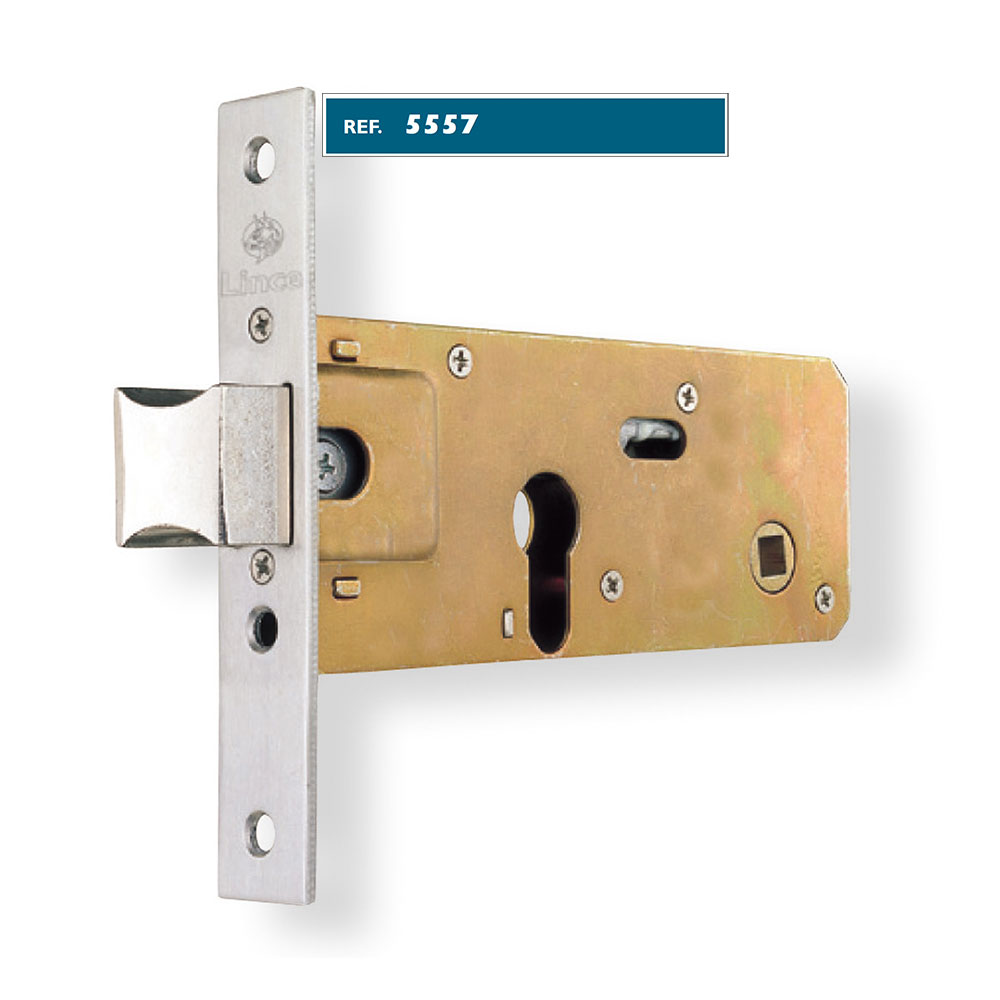 Lince Cerradura 5557-70 | Cerradura de embutir para carpintería de aluminio con zócalo | Frente Inoxidable, 70 mm | Doble cierre con picaporte proyectable y reversible