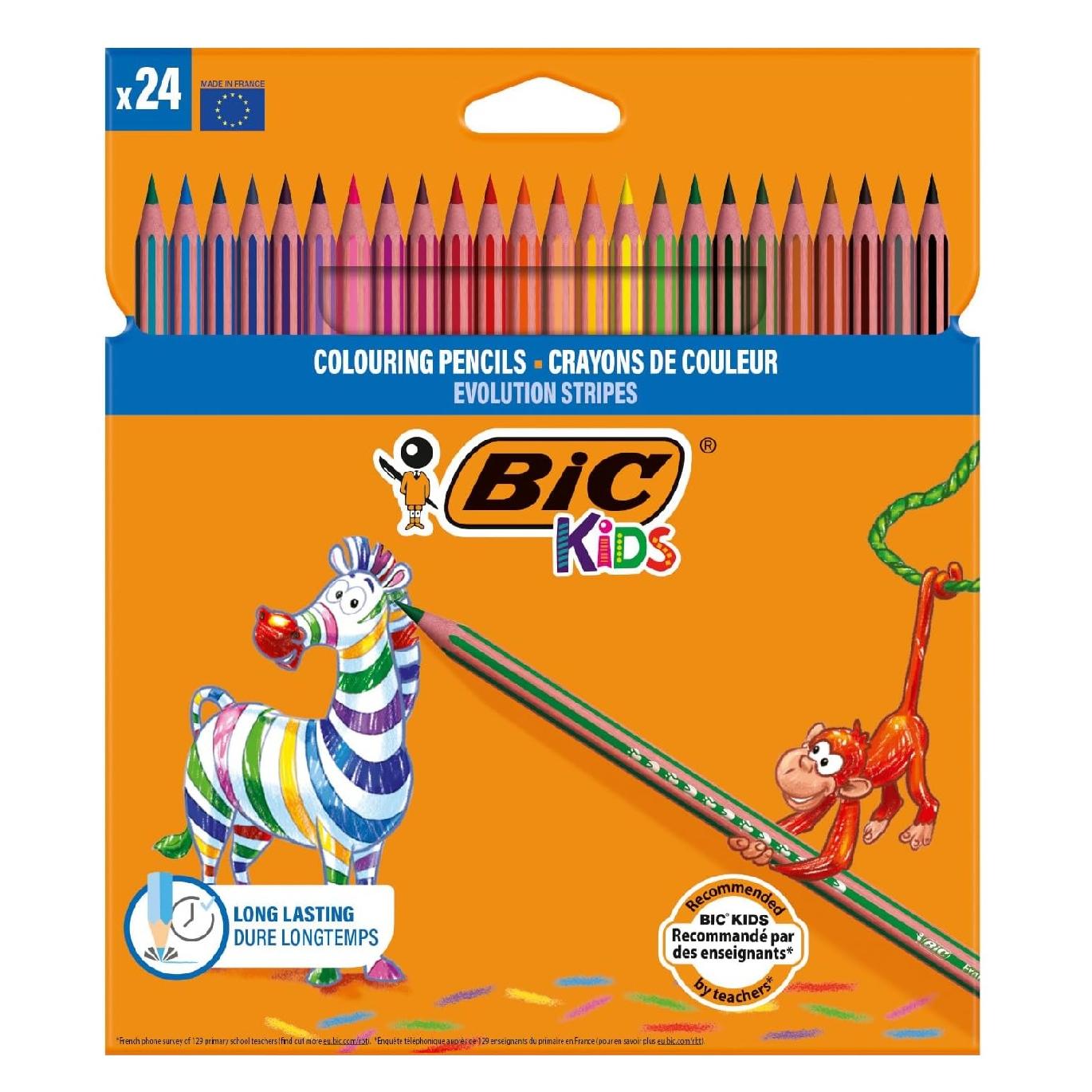 BIC Lapices de Colores Evolution Stripes - Set de 12/24 lápices de colores de resina sintética resistentes y fieles a sus estampados a rayas
