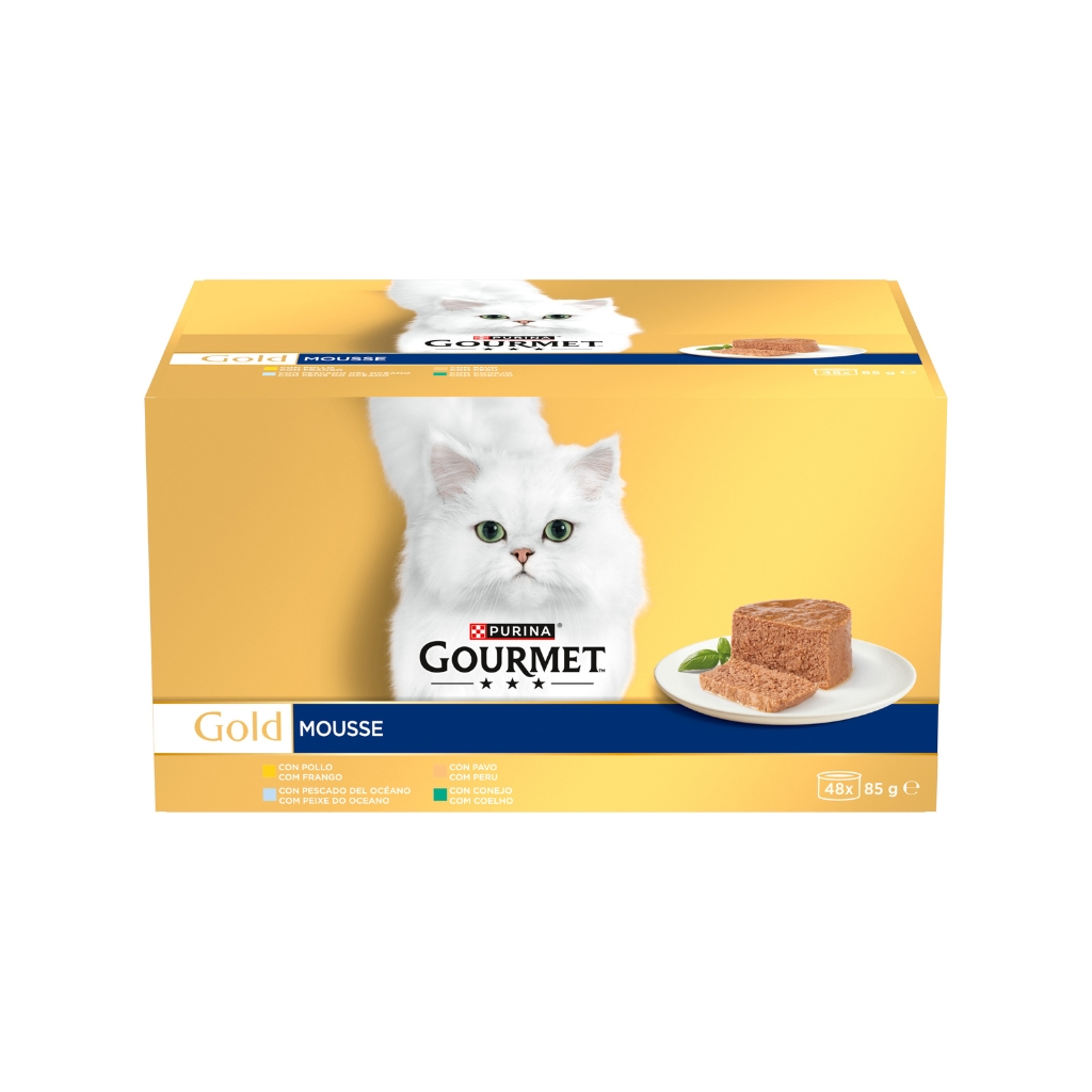 GOURMET Gold Tartelette (48x85 gr) - Alimento Húmedo Completo para Gatos Adultos (Pollo, Buey, Atún y Salmón)