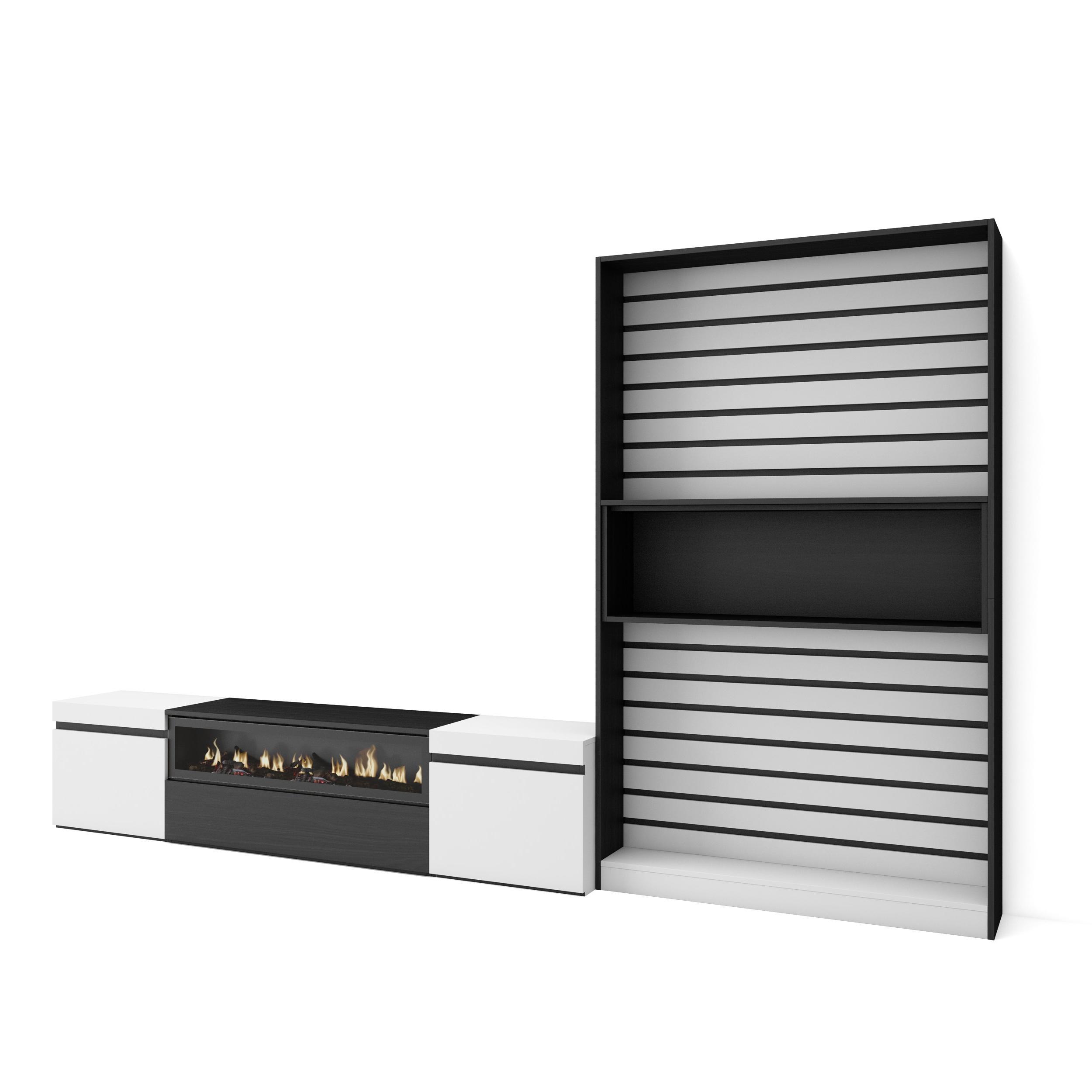 Skraut Home - Conjunto de muebles de Salón - Estantería y organización - Mueble TV con Fuego led efecto 3d - Veteado de madera - Tacto poroso de alta calidad - Estilo Moderno - Medidas totales 310x35x186cm